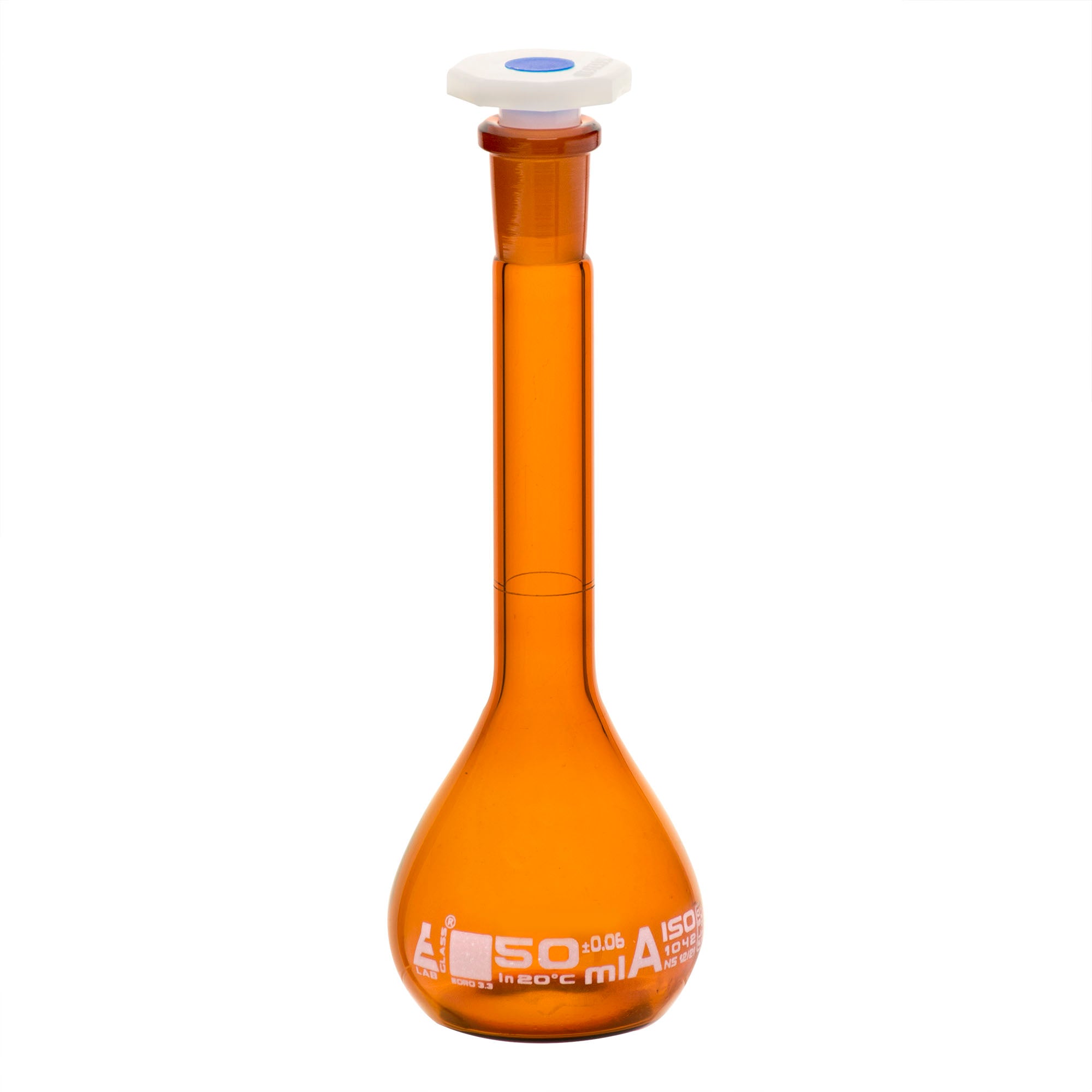 Amber Borosilicate Glass Volumetric Flask with Polypropylene Stopper, 50 ml, Class A with Individual Work Certificate, Pack of 2,  Autoclavable