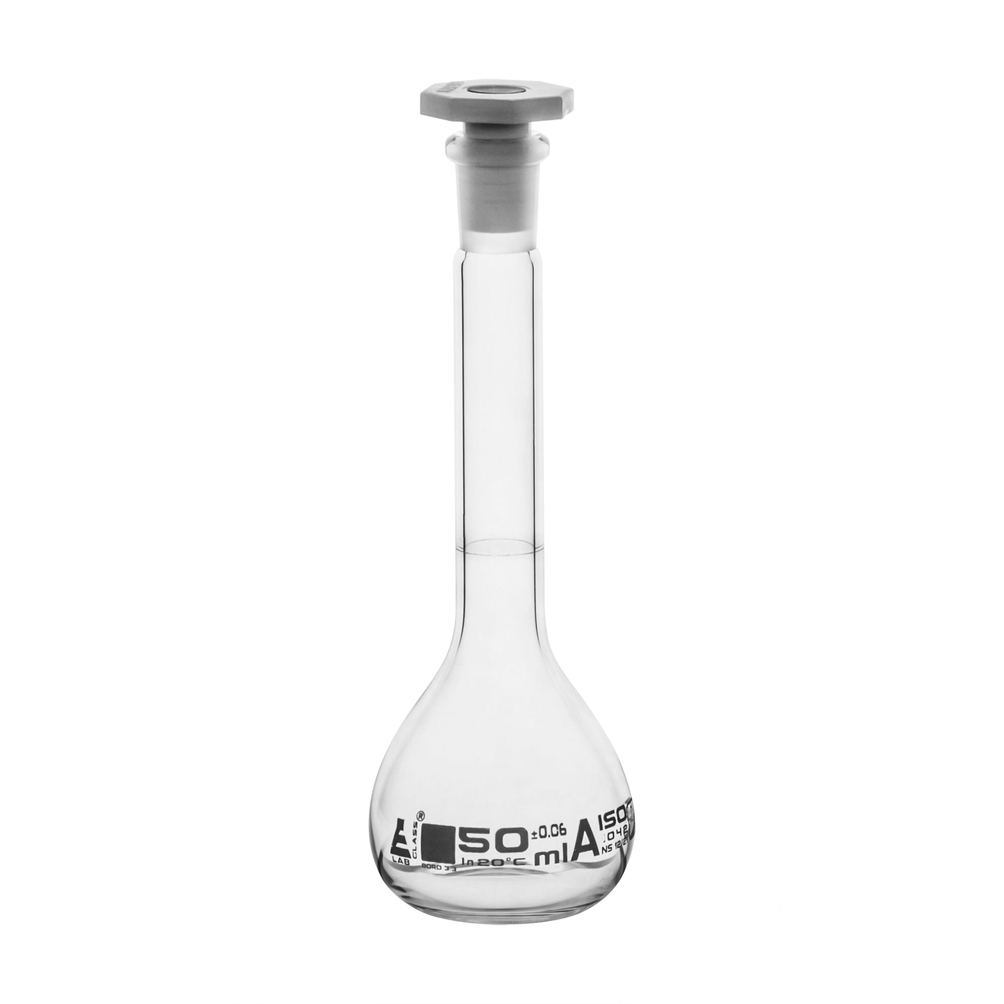 Borosilicate Glass Volumetric Flask with Polyethylene Stopper, 50ml, Class A, White Print, Autoclavable