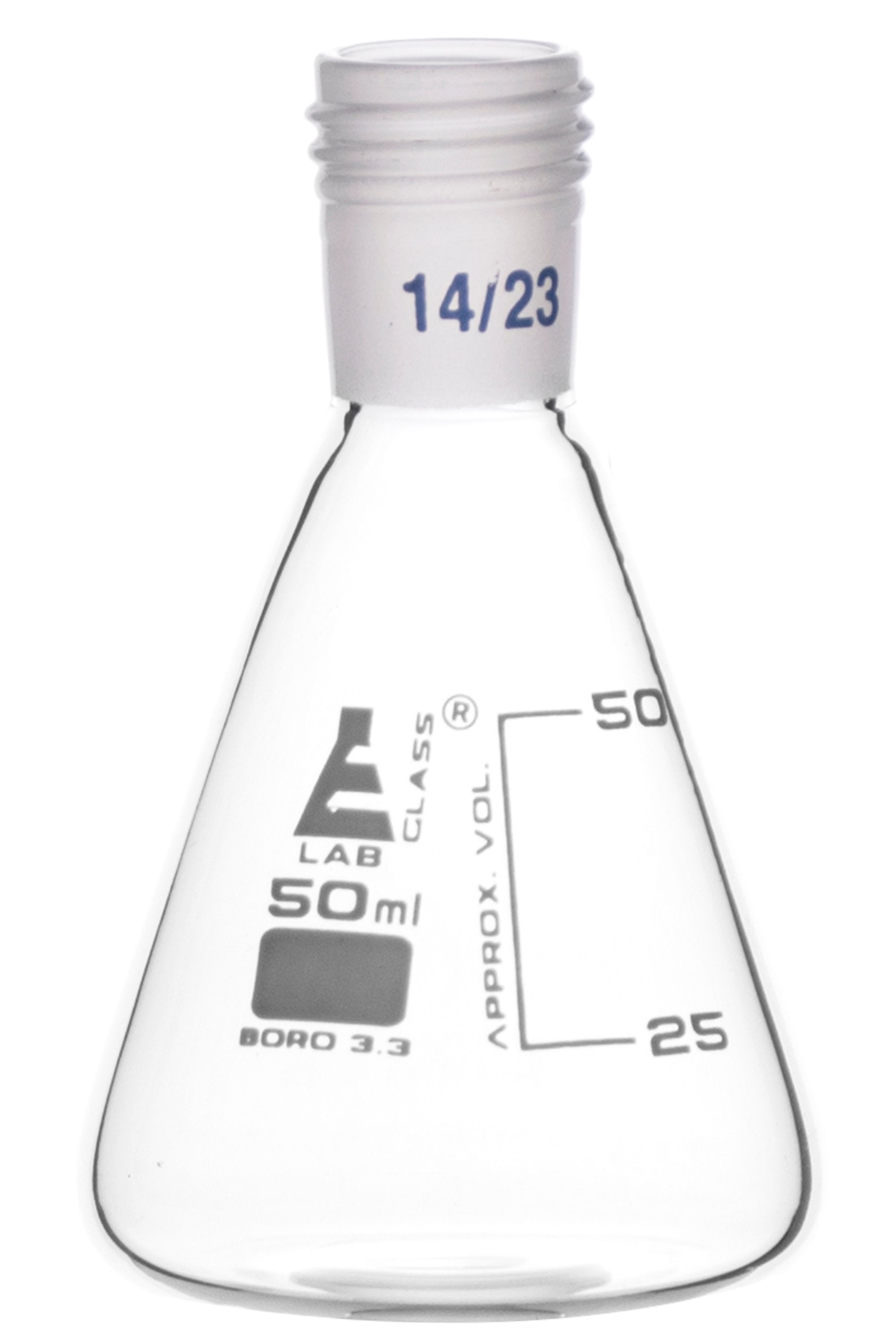 Borosilicate Glass Erlenmeyer Flask with 14/23 Screw Thread Neck Joint, 50 ml, 25 ml Graduations, Autoclavable