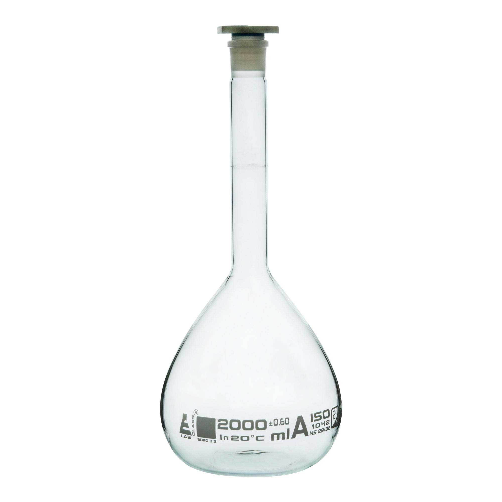 Borosilicate Glass Volumetric Flask with Polyethylene Stopper, 2000ml, Class A, White Print, Autoclavable
