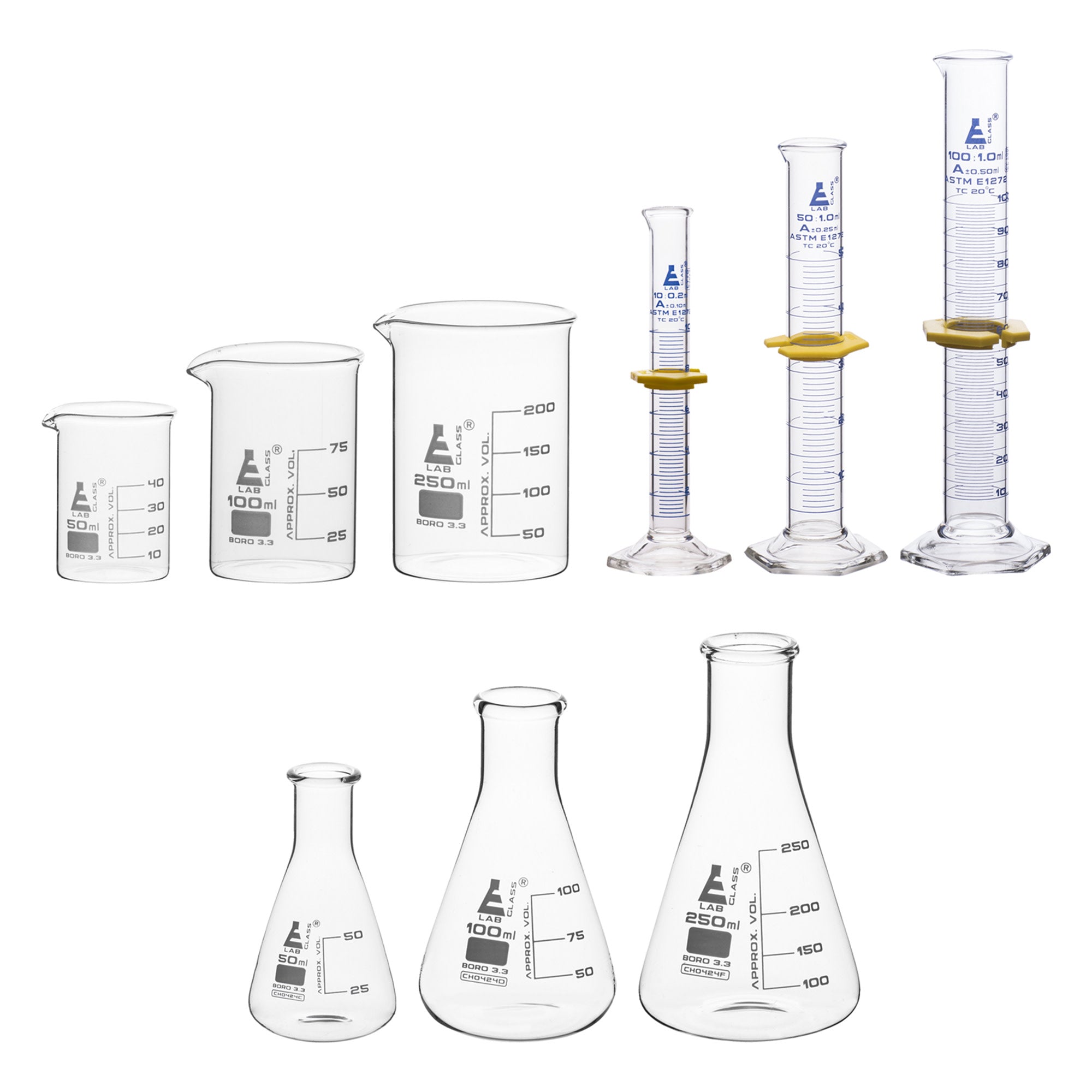 Borosilicate Glass Safety Pack Glassware Set, Includes 3 Beakers, 3 Conical Flasks & 3 ASTM, Class A Graduated Cylinders