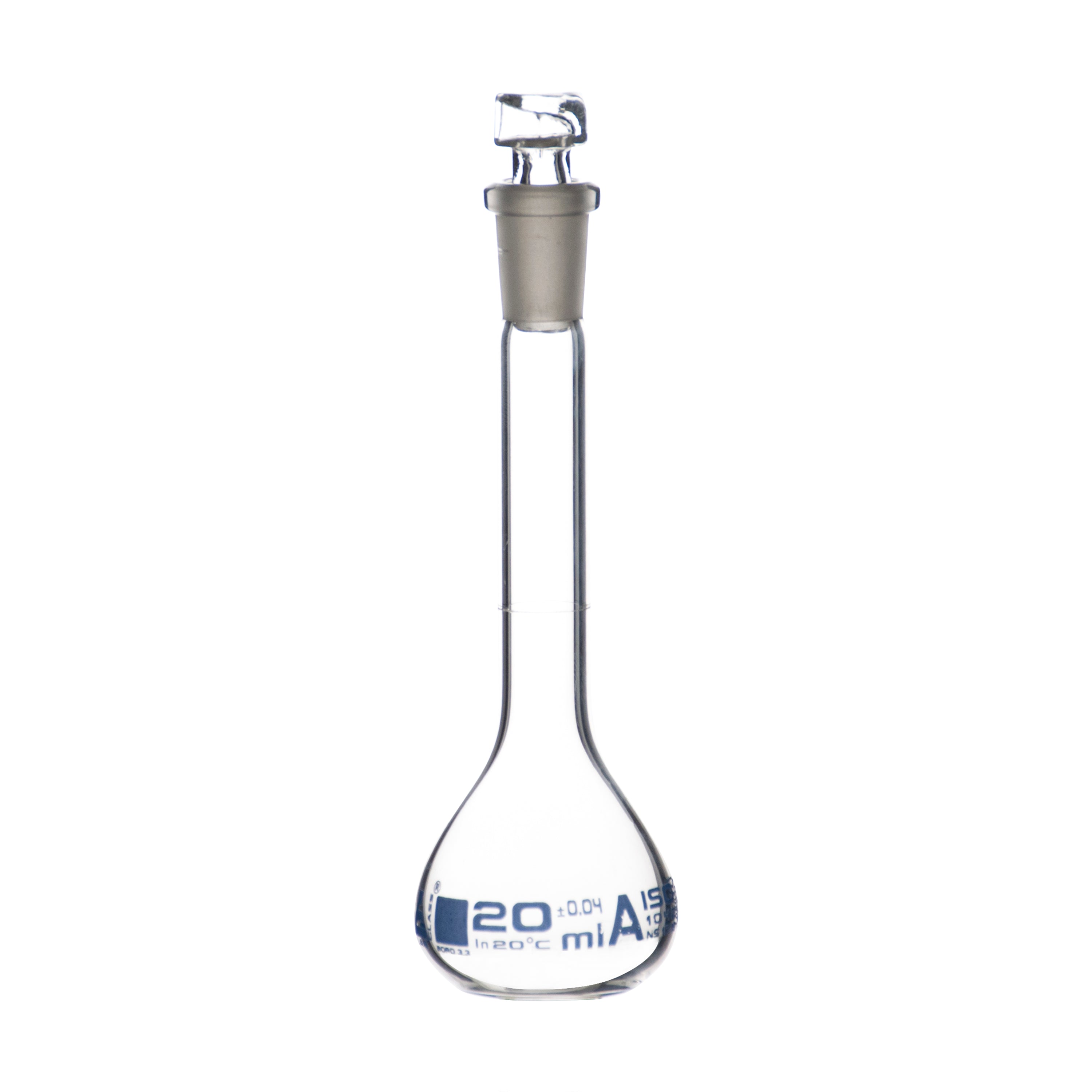 Borosilicate Volumetric Flask with Hollow Glass Stopper, 20ml, Class A, Blue Print, Autoclavable