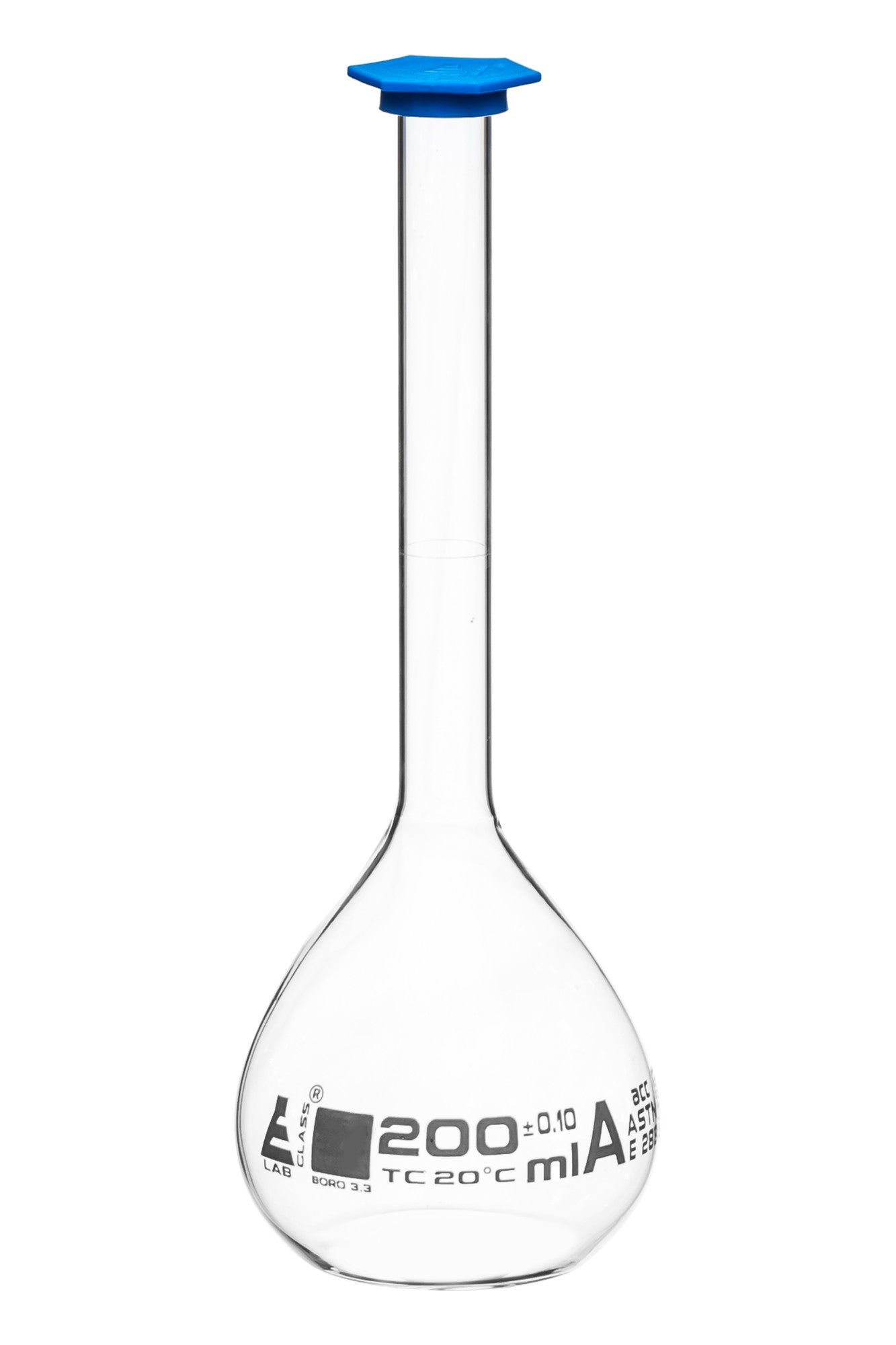 Borosilicate Volumetric Flask with Polyethylene Snap Cap, 200 ml, Class A, White Print, ASTM, Autoclavable