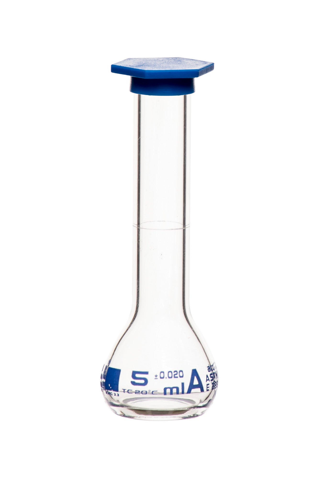 Borosilicate Volumetric Flask with Polyethylene Snap Cap, 5 ml, Class A, Blue Print, ASTM, Autoclavable