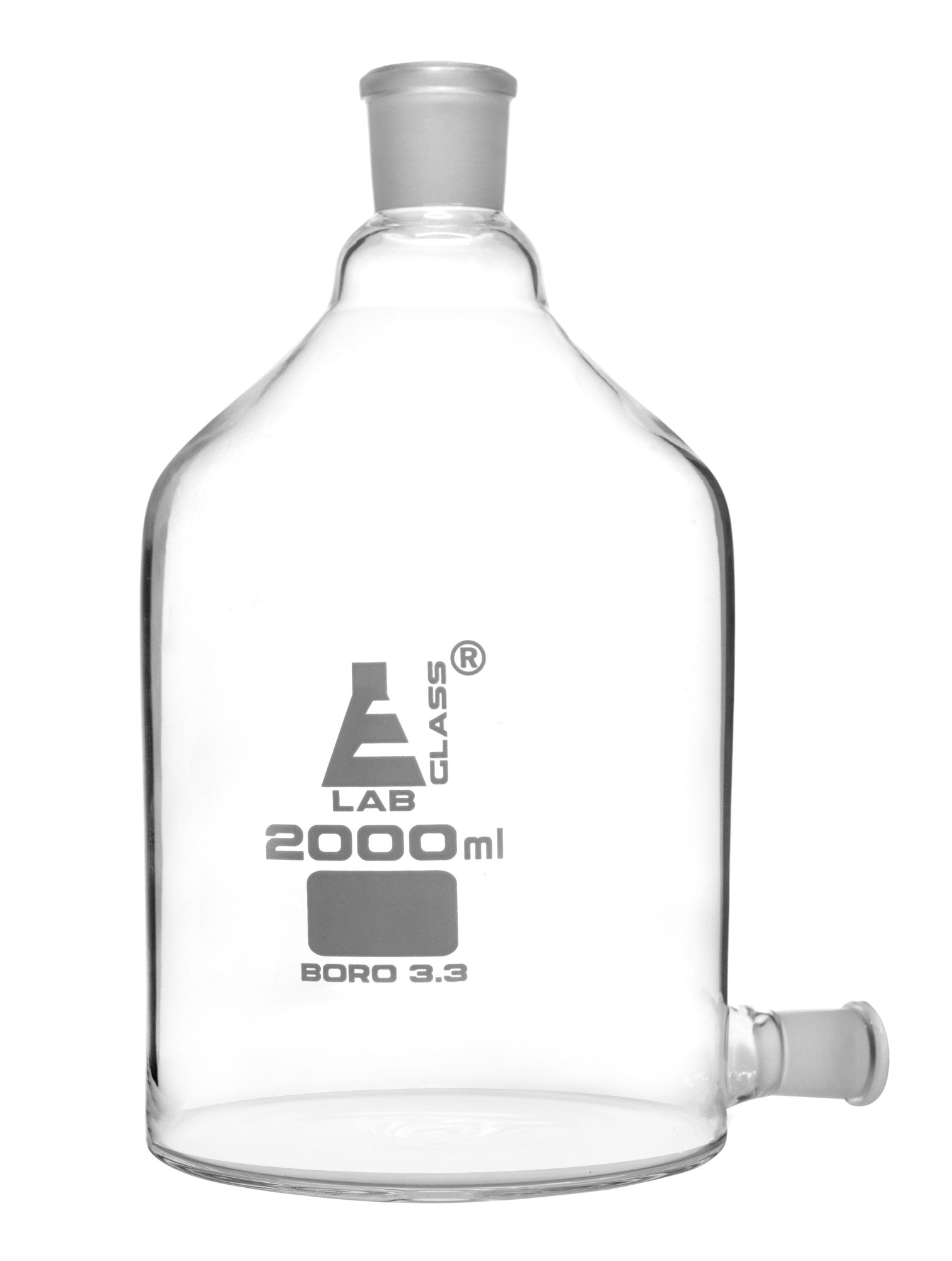 Borosilicate Aspirator Bottle with Outlet for Stopcock, 2000ml, Autoclavable
