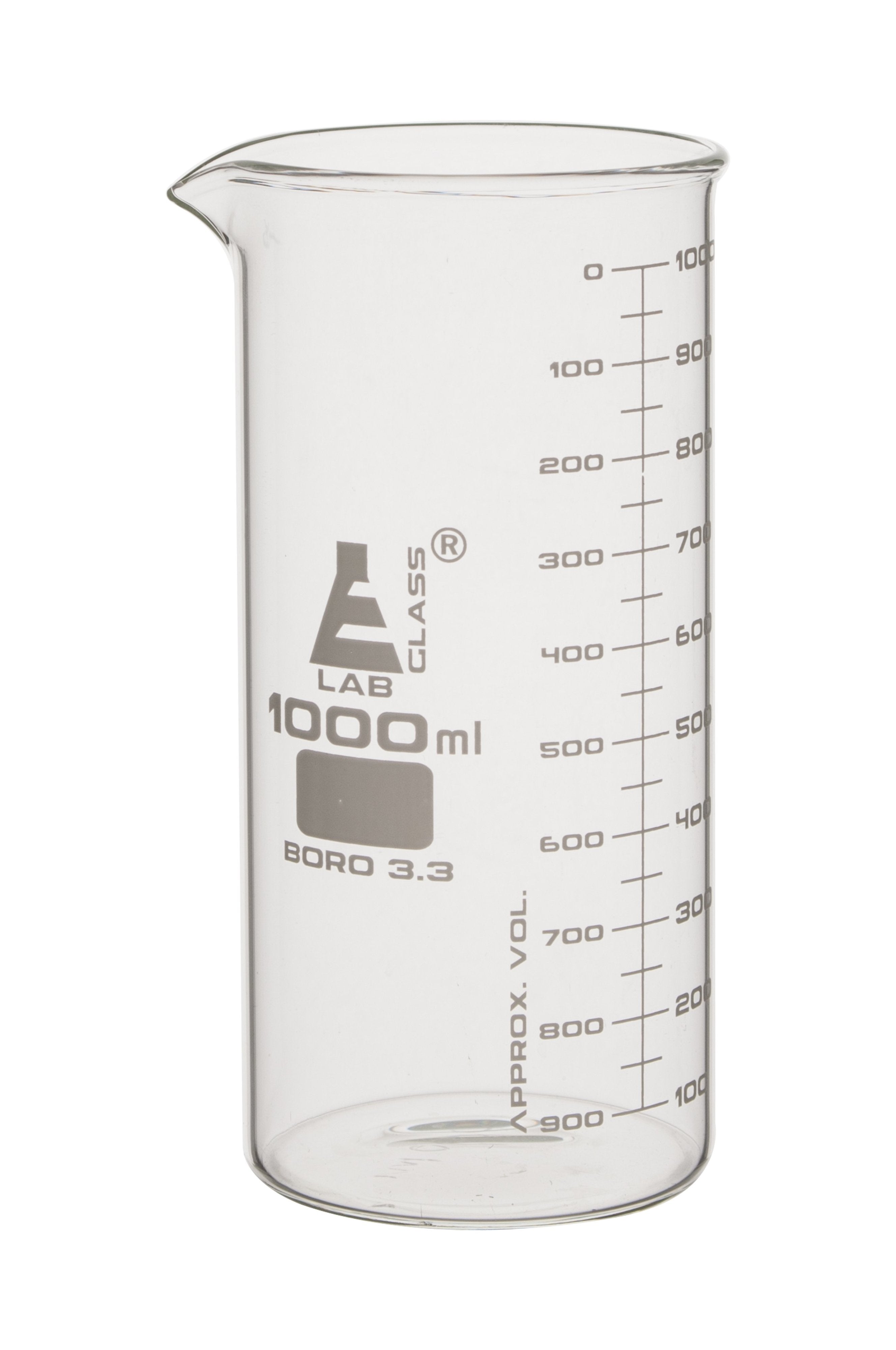 Borosilicate ASTM Tall Form Beaker, 1000ml, 50ml Graduation, Autoclavable