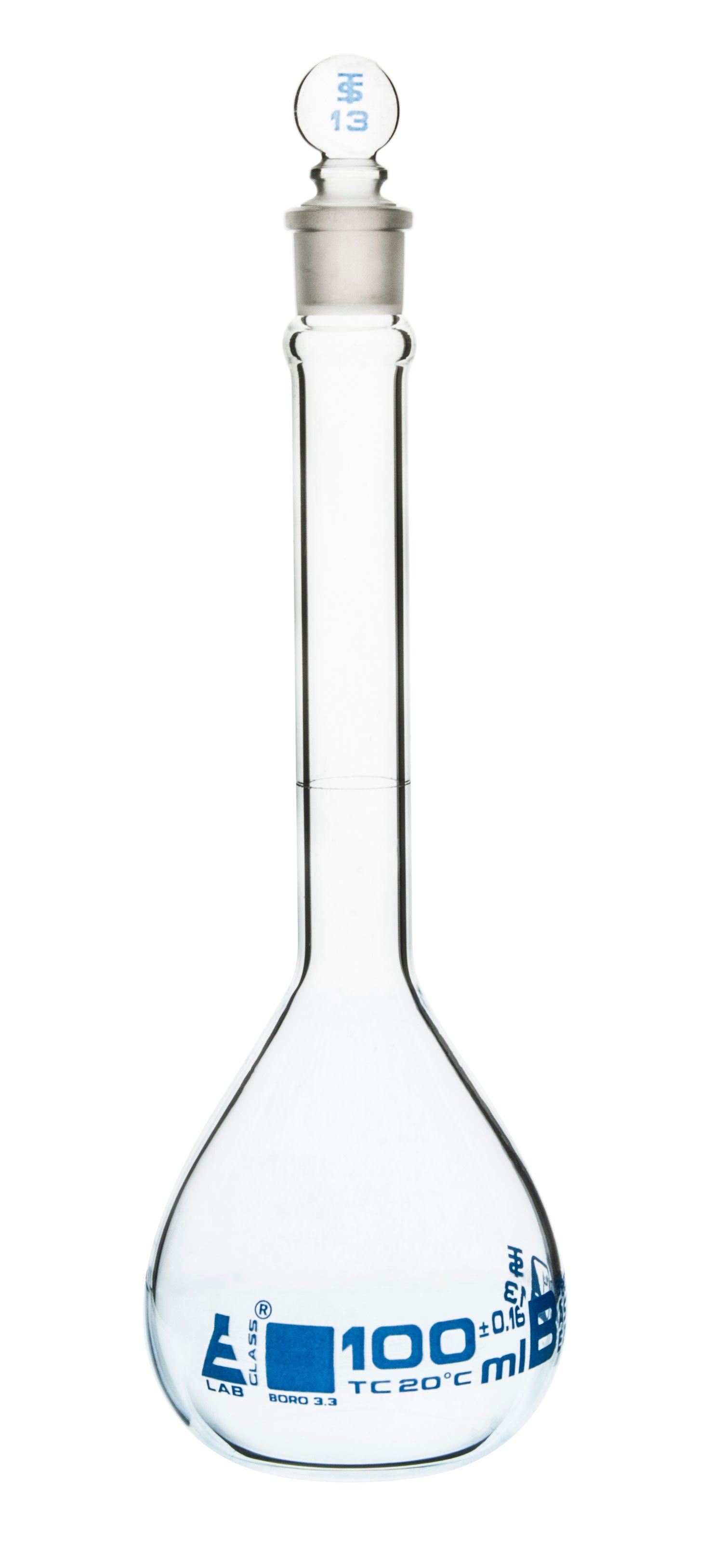 Borosilicate Glass ASTM Volumetric Flask with Glass Stopper, 100 ml, Class B, Autoclavable