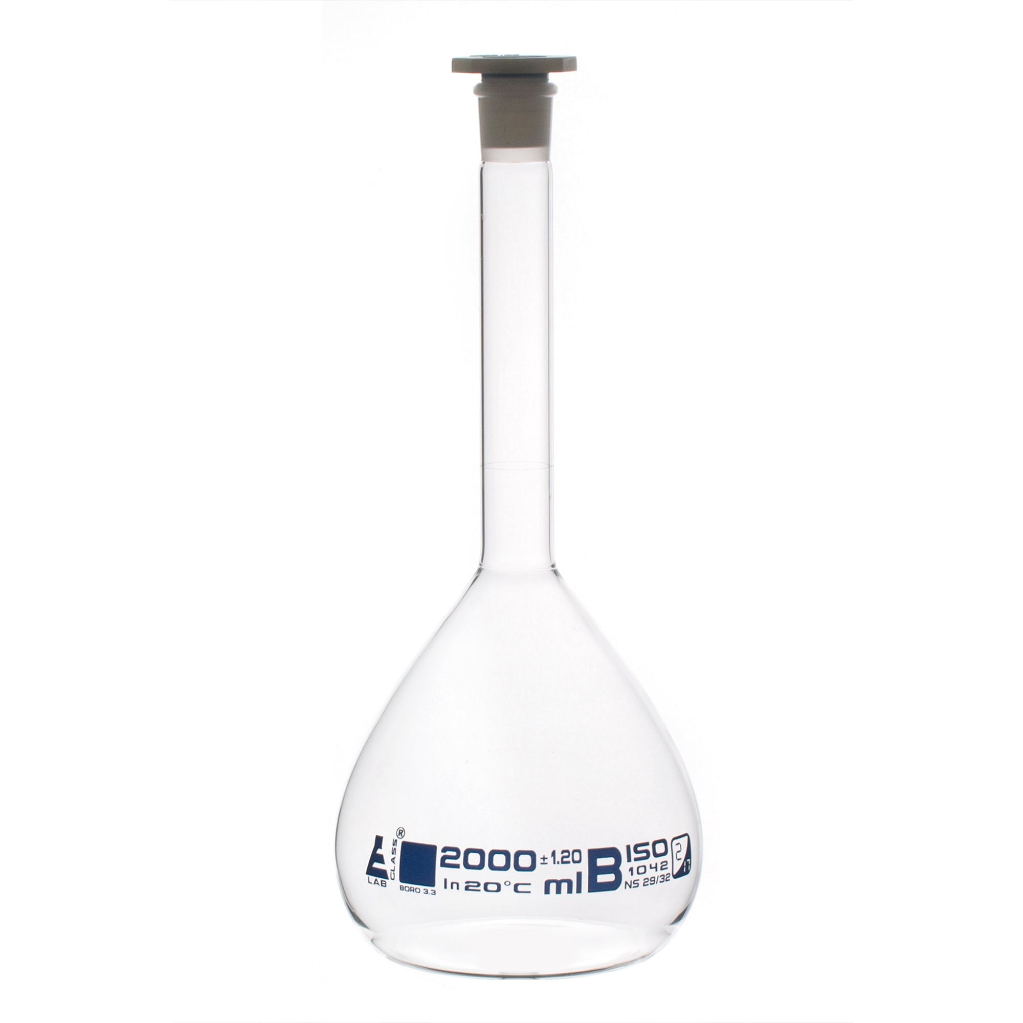 Borosilicate Glass Volumetric Flask with Polyethylene Stopper, 2000ml, Class B, Blue Print, Autoclavable