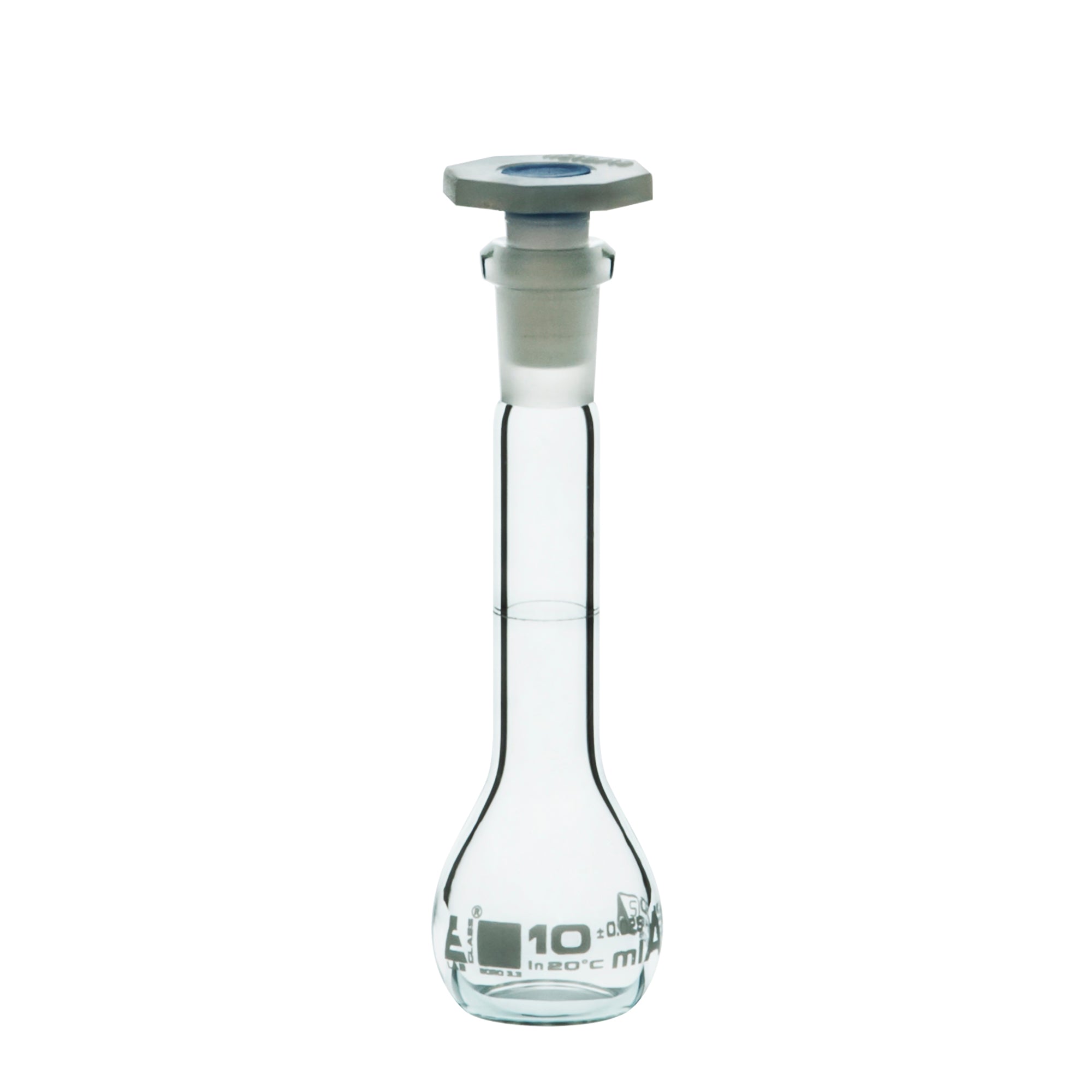 Borosilicate Glass Volumetric Flask with Polyethylene Stopper, 10ml, Class A, White Print, Autoclavable