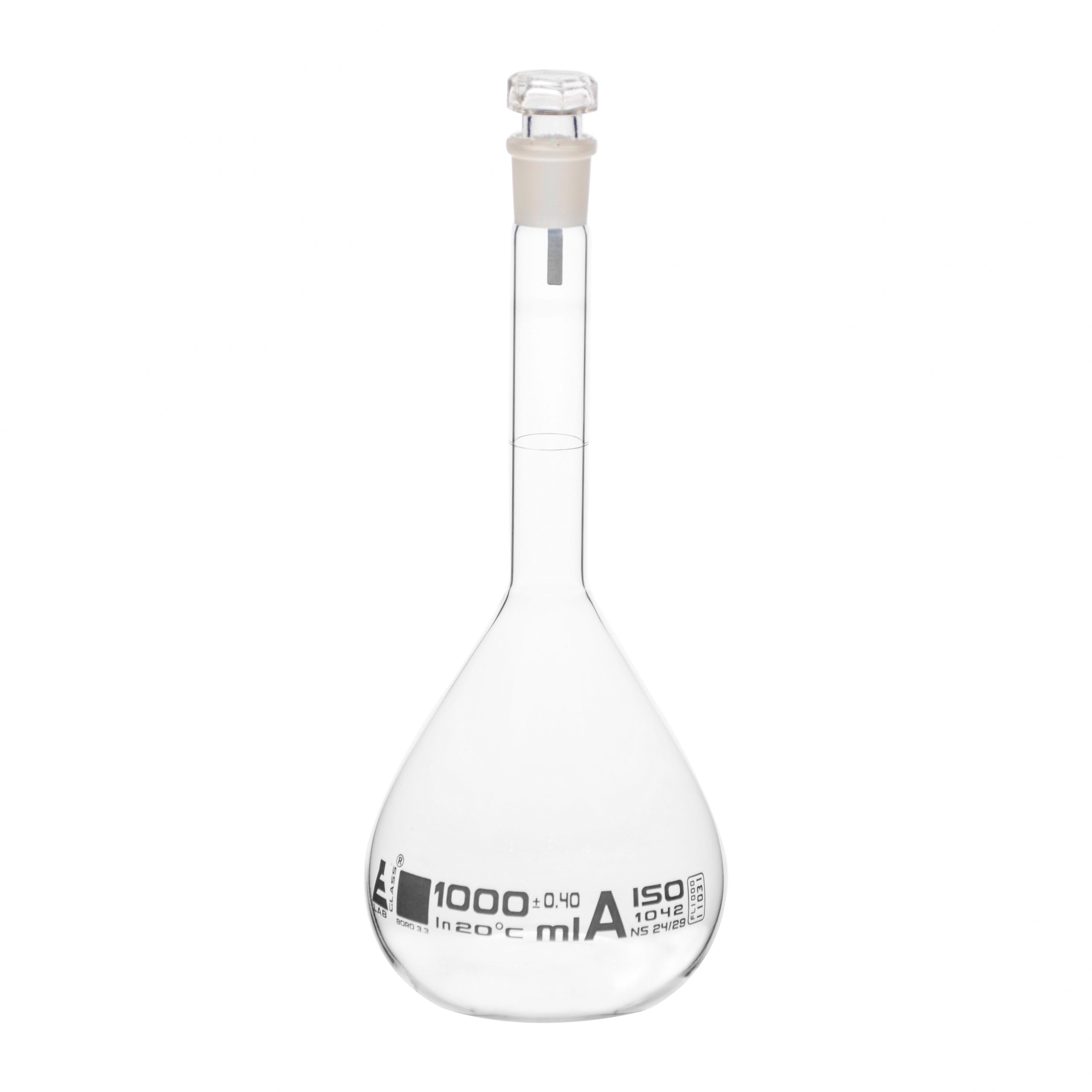 Borosilicate Volumetric Flask with Hollow Glass Stopper, 1000ml, Class A, White Print, Autoclavable