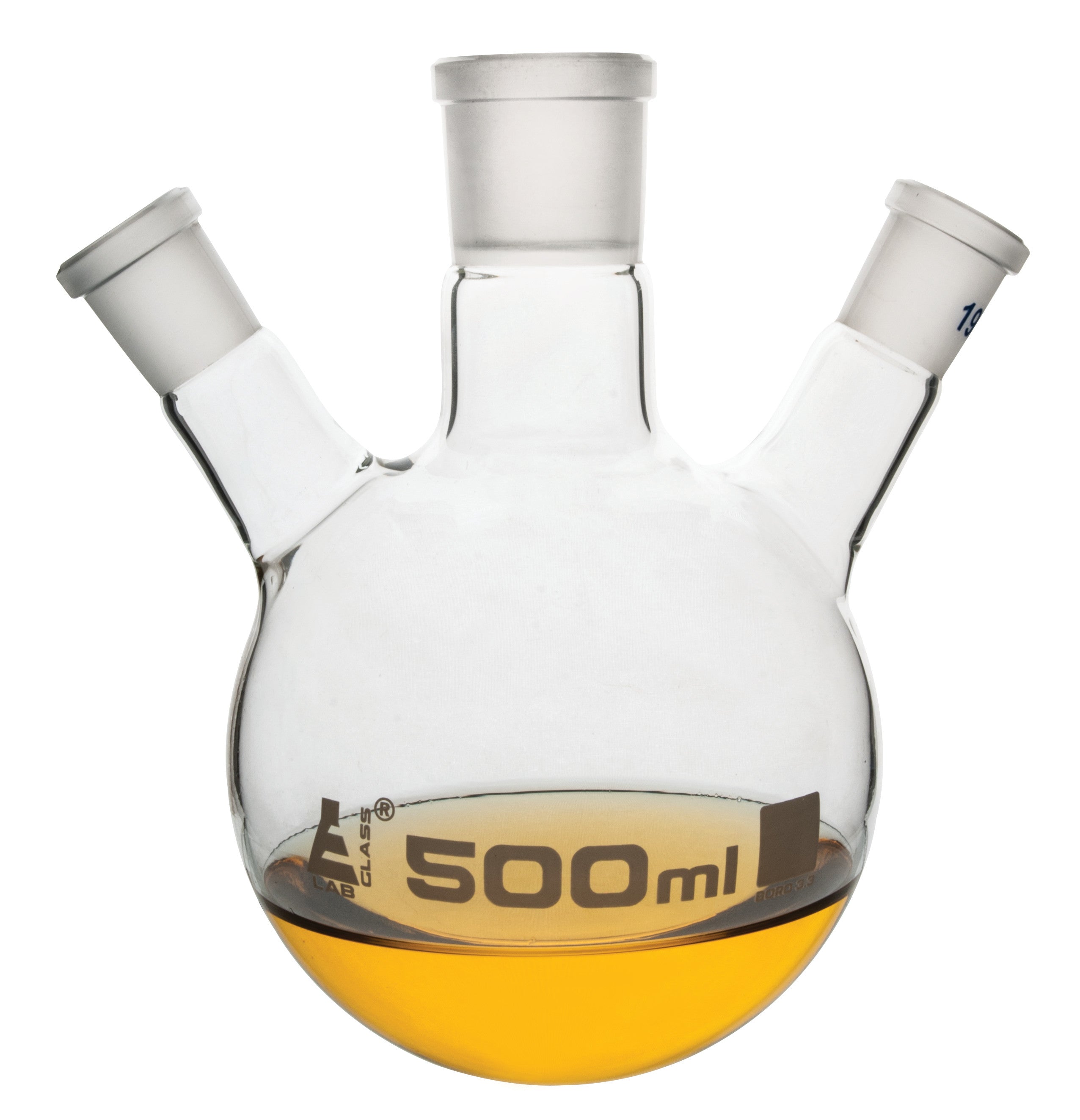 Borosilicate Glass 3 Neck Distillation Flask, 500ml, 24/29 Oblique Neck, 19/26 Side Joint, Autoclavable