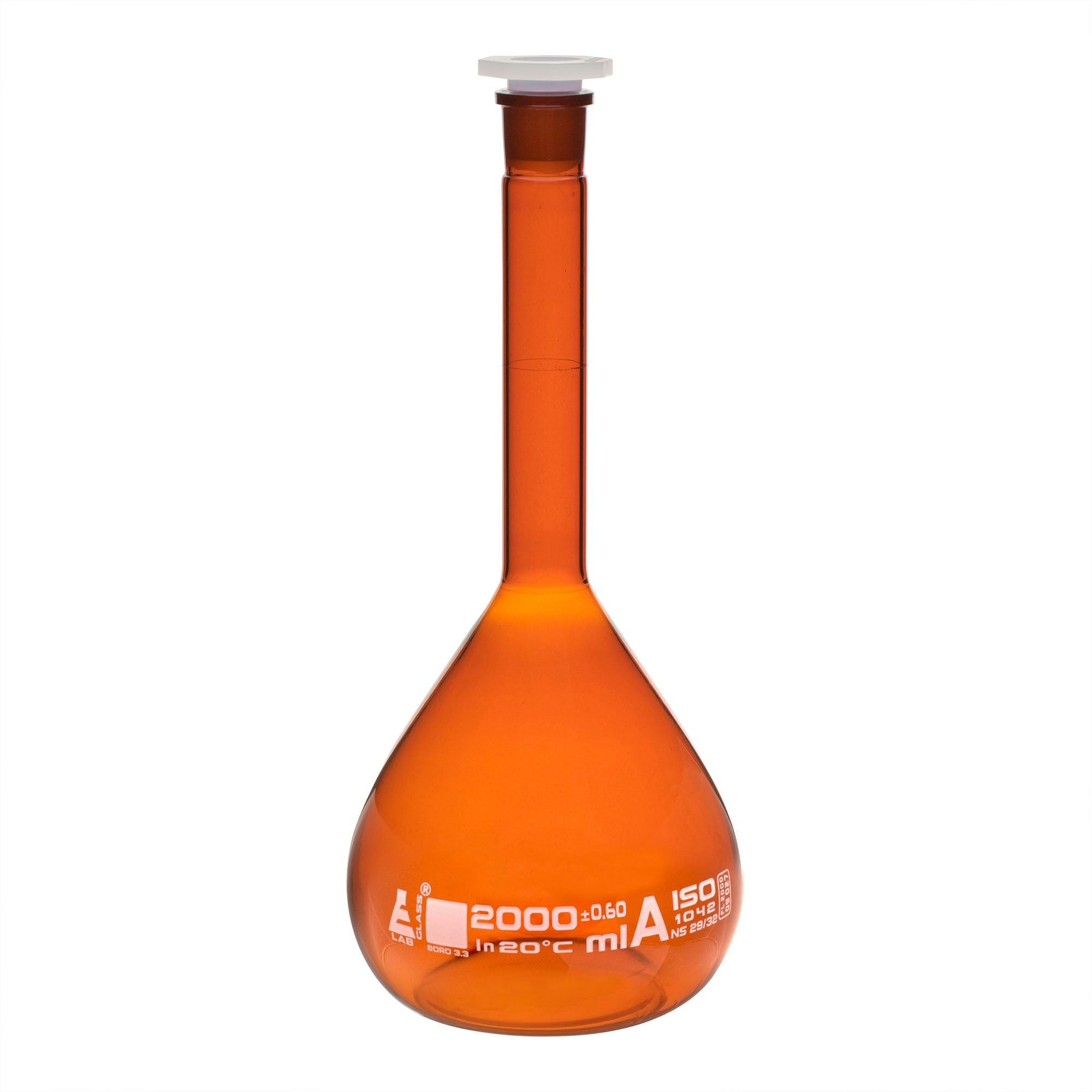 Amber Borosilicate Volumetric Flask with Polyethylene Stopper, 2000ml, Class A, White Print, Autoclavable