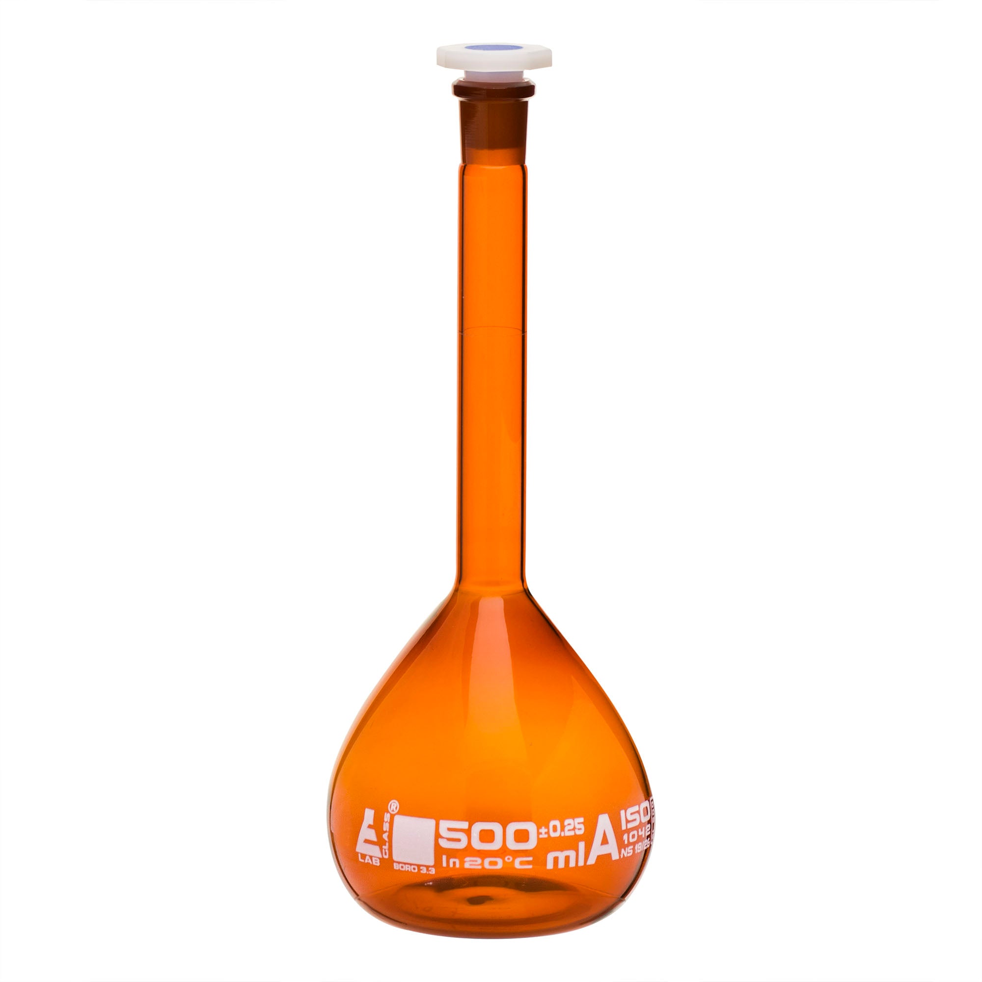 Amber Borosilicate Volumetric Flask with Polyethylene Stopper, 500ml, Class A, White Print, Autoclavable