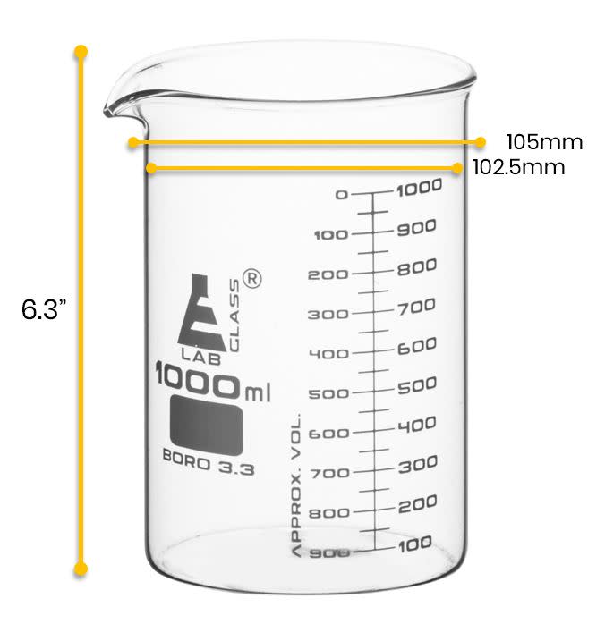 Borosilicate ASTM Low Form Beaker, 1000ml, 50ml Graduation, Autoclavable