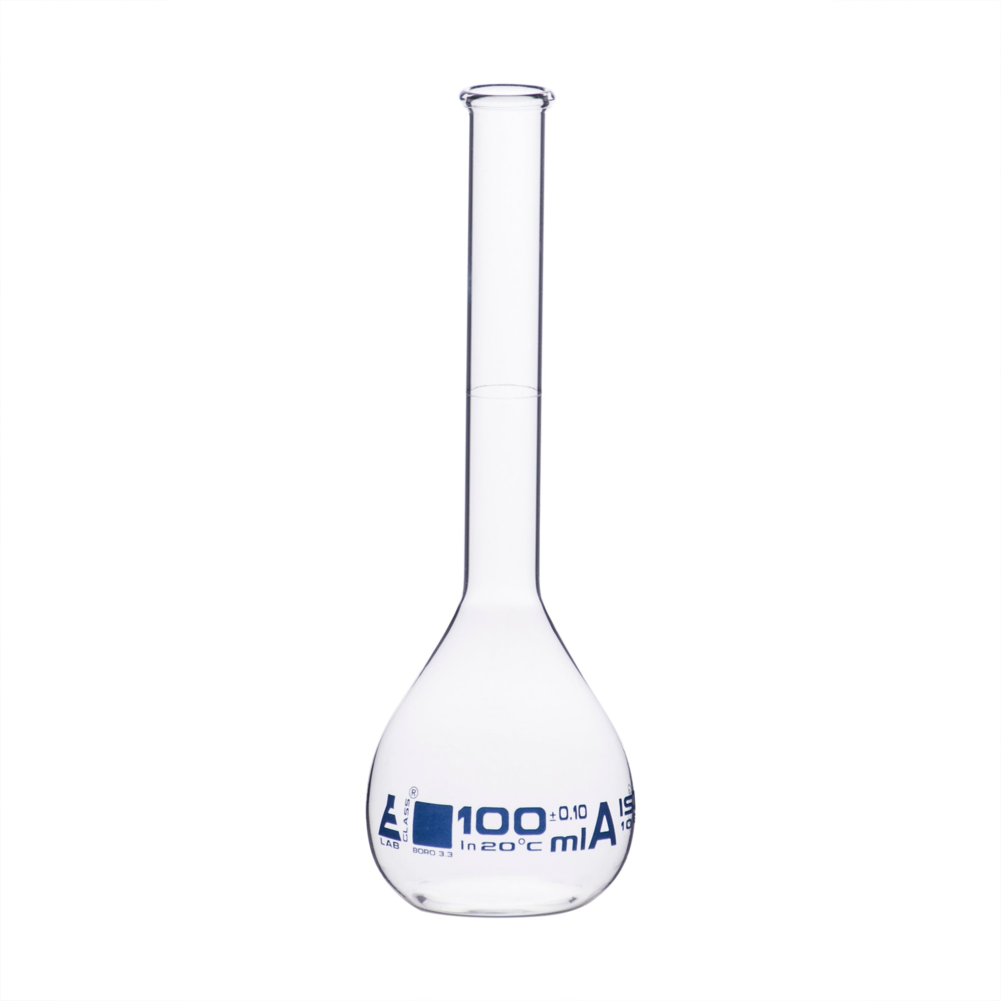 Borosilicate Glass Volumetric Flask with Beaded Rim, 100ml, Class A, Blue Print, Autoclavable