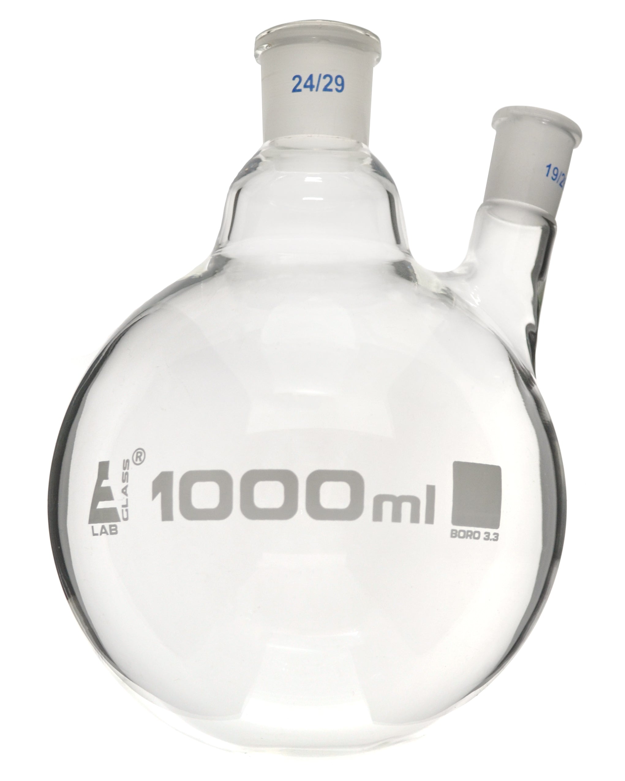 Borosilicate Glass 2 Neck Distillation Flask, 1000ml, 24/29 Oblique Neck, 19/26 Side Joint, Autoclavable
