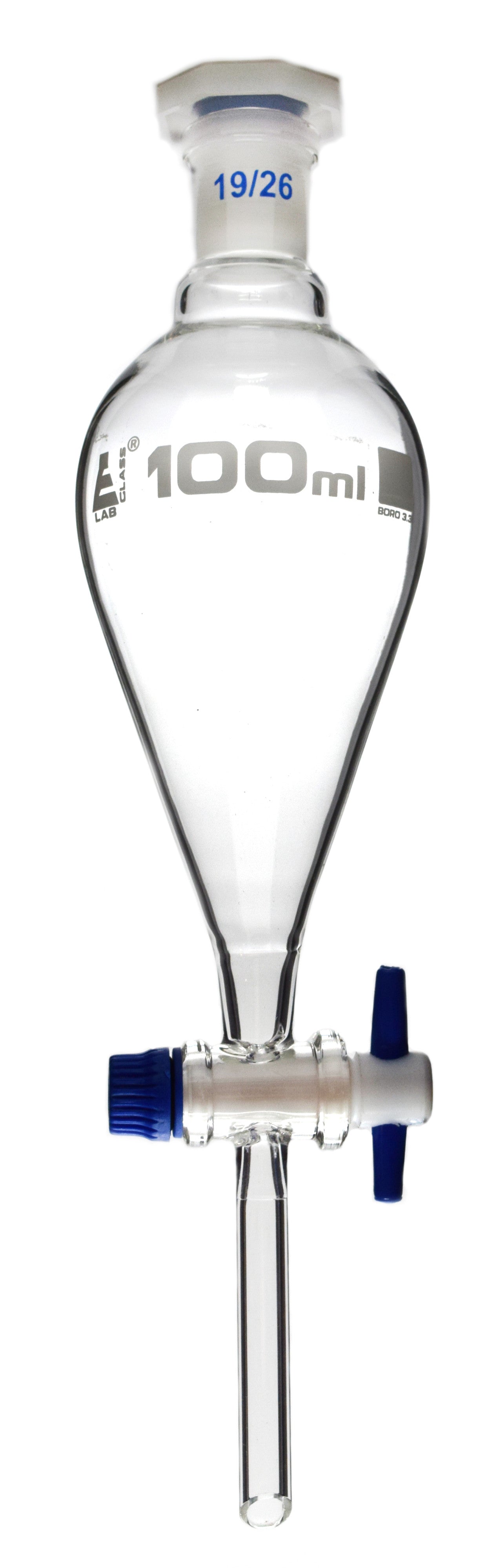 Glass Squibb Separatory Funnel with PTFE Key Stopcock and Interchangeable Polypropylene Stopper, 100 ml, Autoclavable