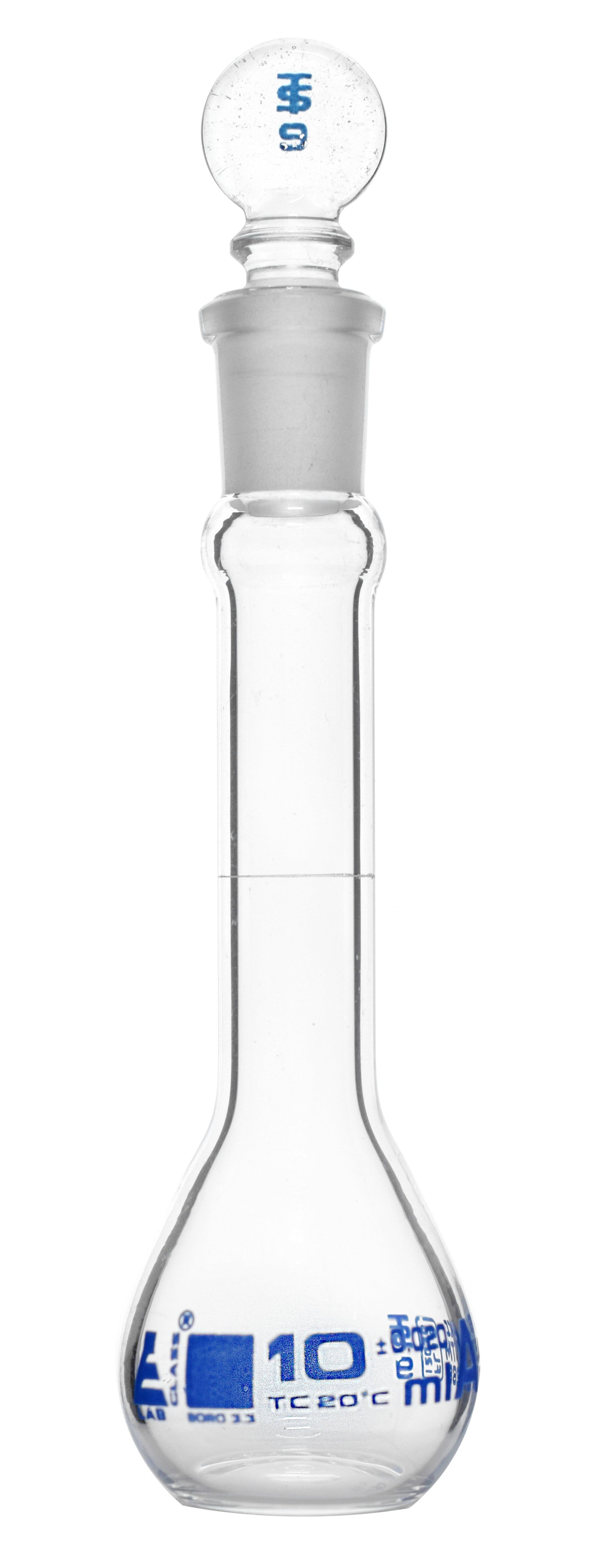 Borosilicate Glass ASTM Volumetric Flask with Glass Stopper, 10 ml, Class A, Autoclavable