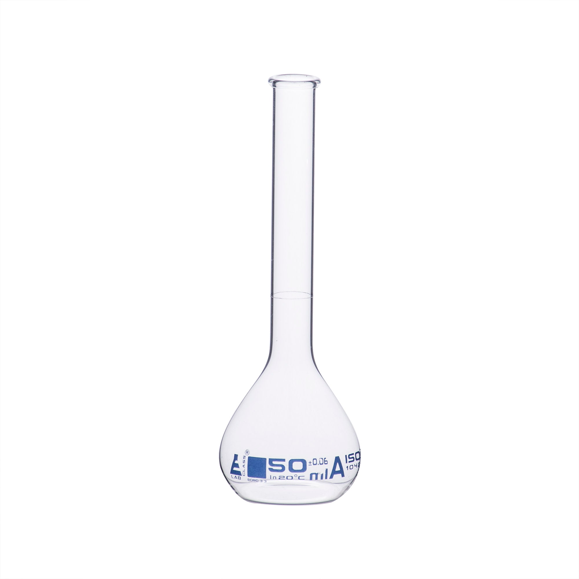 Borosilicate Glass Volumetric Flask with Beaded Rim, 50ml, Class A, Blue Print, Autoclavable