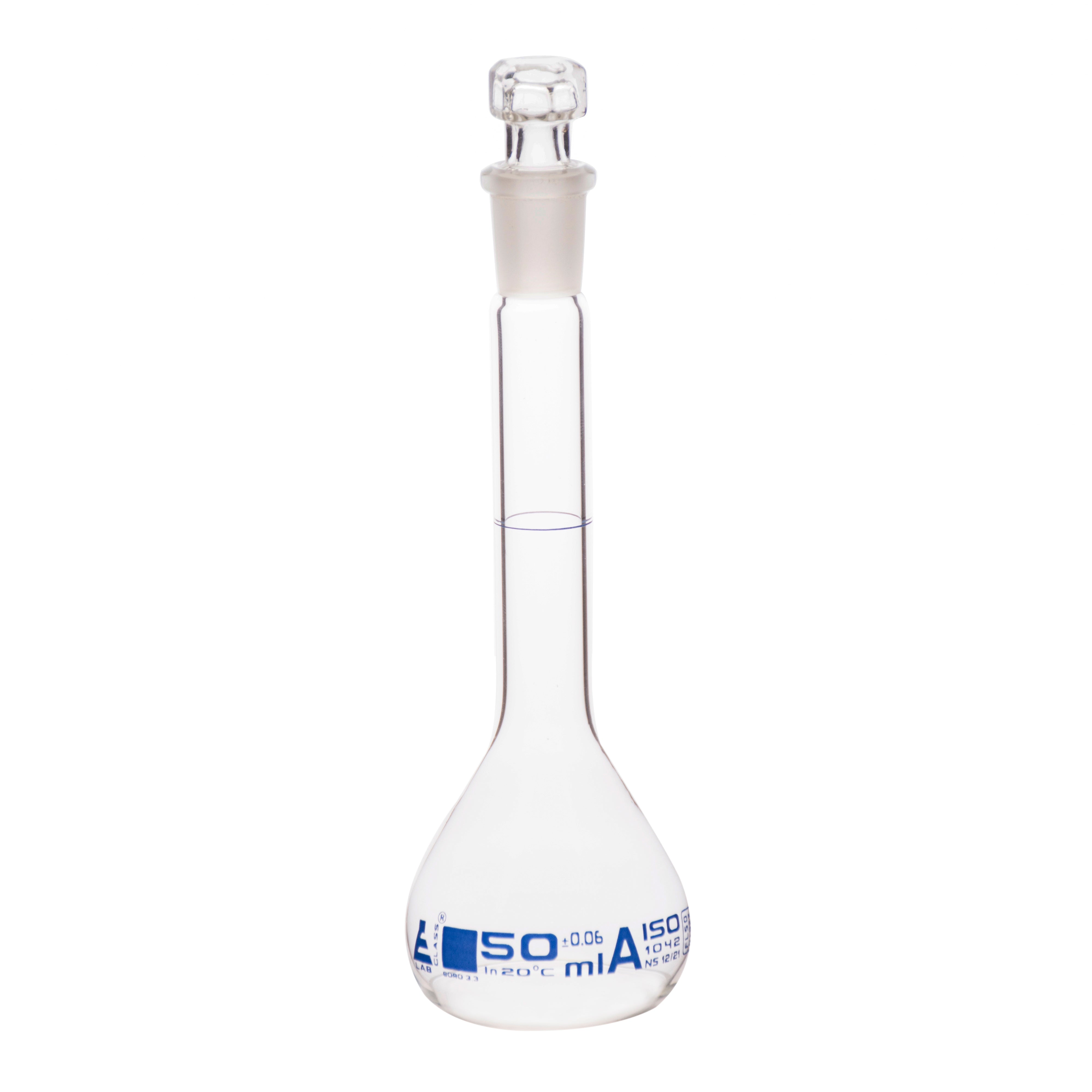 Borosilicate Volumetric Flask with Hollow Glass Stopper, 50ml, Class A, Blue Print, Autoclavable