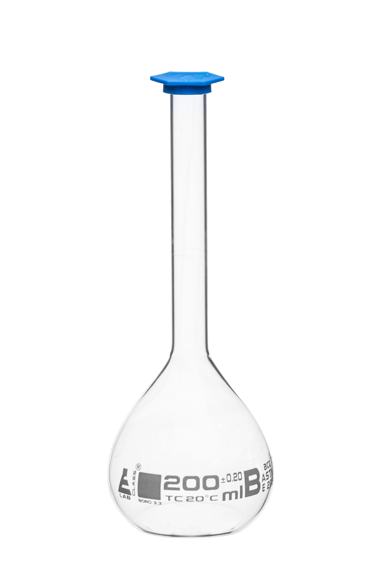 Borosilicate Volumetric Flask with Polyethylene Snap Cap, 200 ml, Class B, White Print, ASTM, Autoclavable