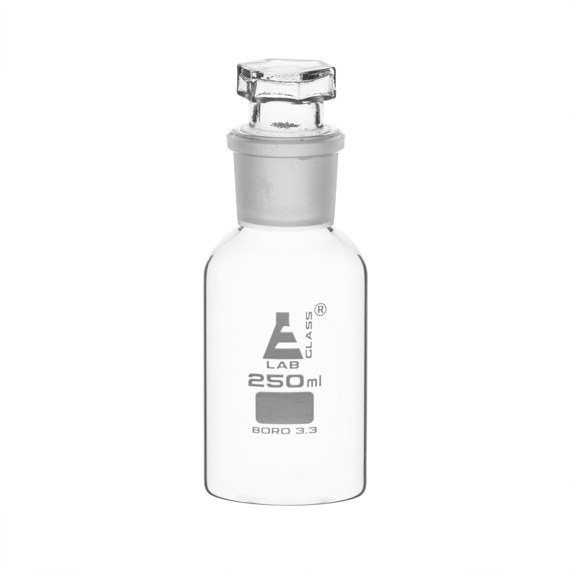 Clear Borosilicate Glass Reagent Bottle with Hollow Glass Stopper, 250 ml, Wide Mouth, Autoclavable