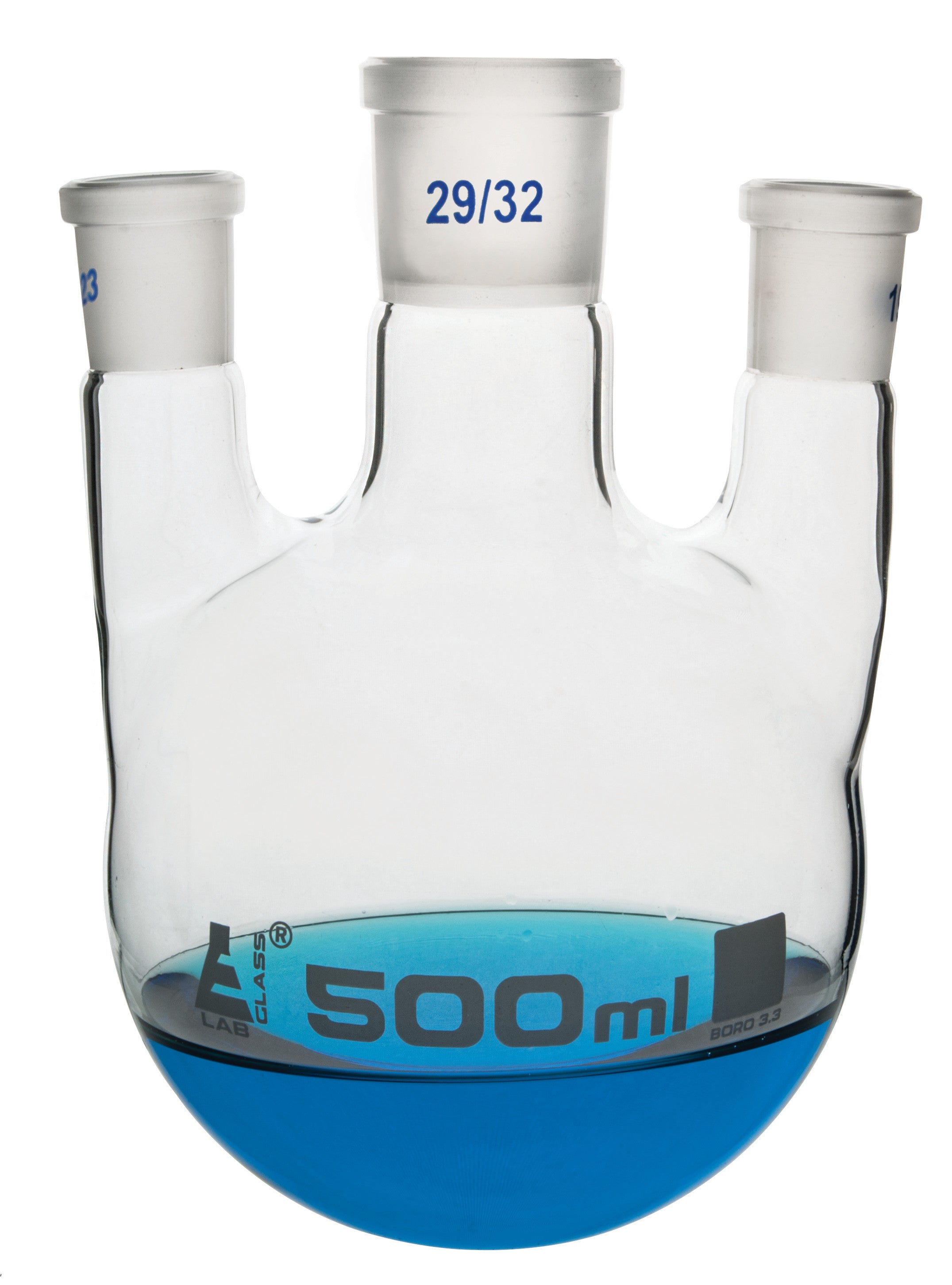 Borosilicate Glass 3 Neck Distillation Flask, 500ml, 29/32 Parallel Neck, 14/23 Side Joint, Autoclavable