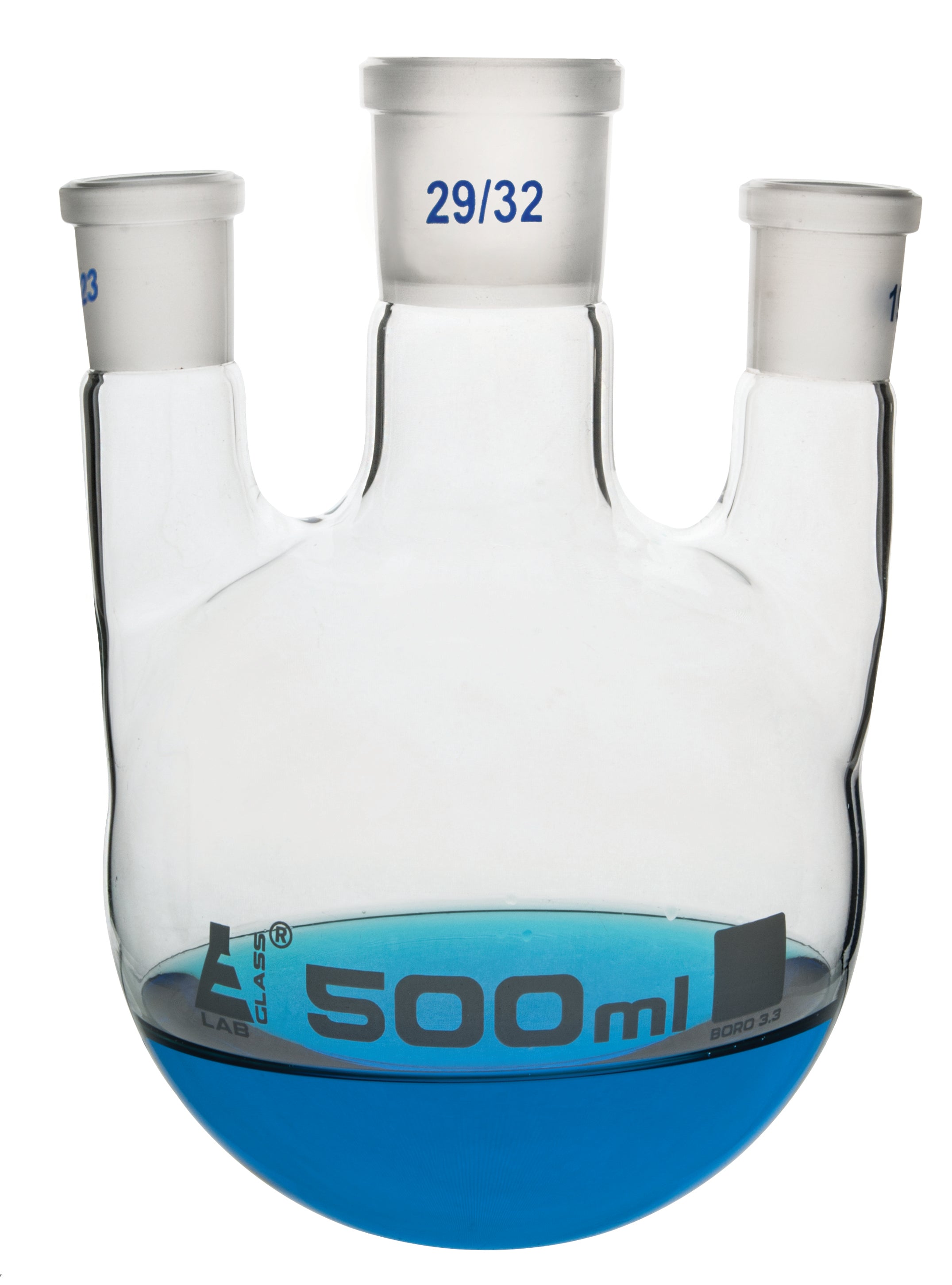 Borosilicate Glass 3 Neck Distillation Flask, 500ml, 29/32 Parallel Neck, 14/23 Side Joint, Autoclavable