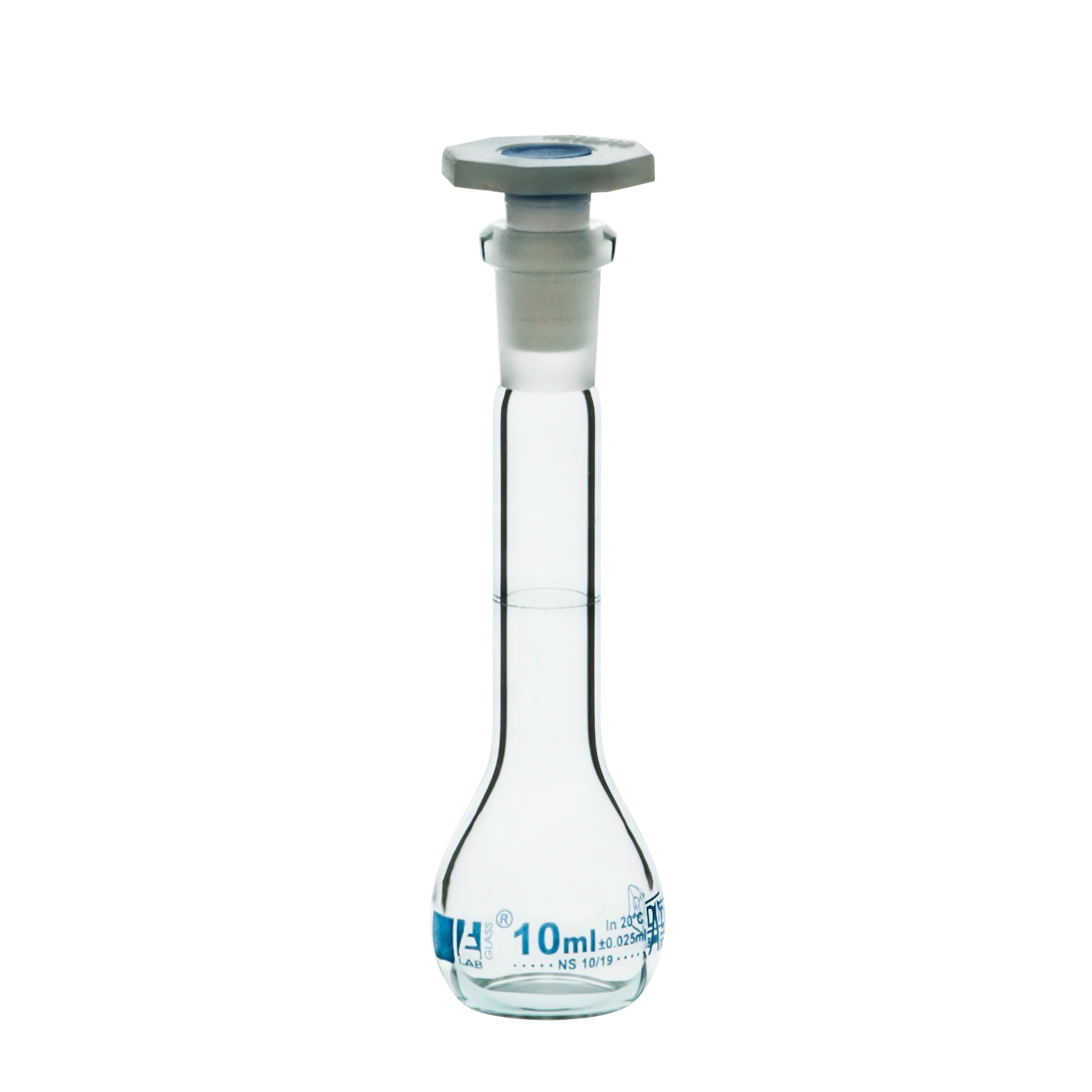 Borosilicate Glass Volumetric Flask with Polypropylene Stopper, 10 ml, Class A with Individual Work Certificate, Pack of 2,  Autoclavable