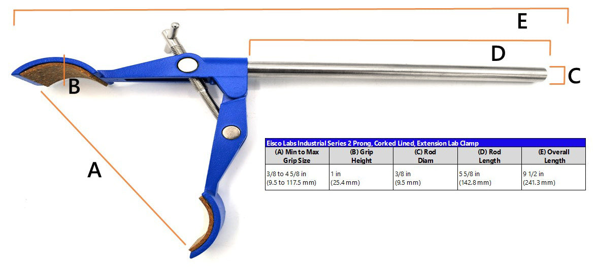 2 Prong, Cork Lined, Lab Clamp on Rod,  4.625" (11.7 cm) Maximum Clamp Opening
