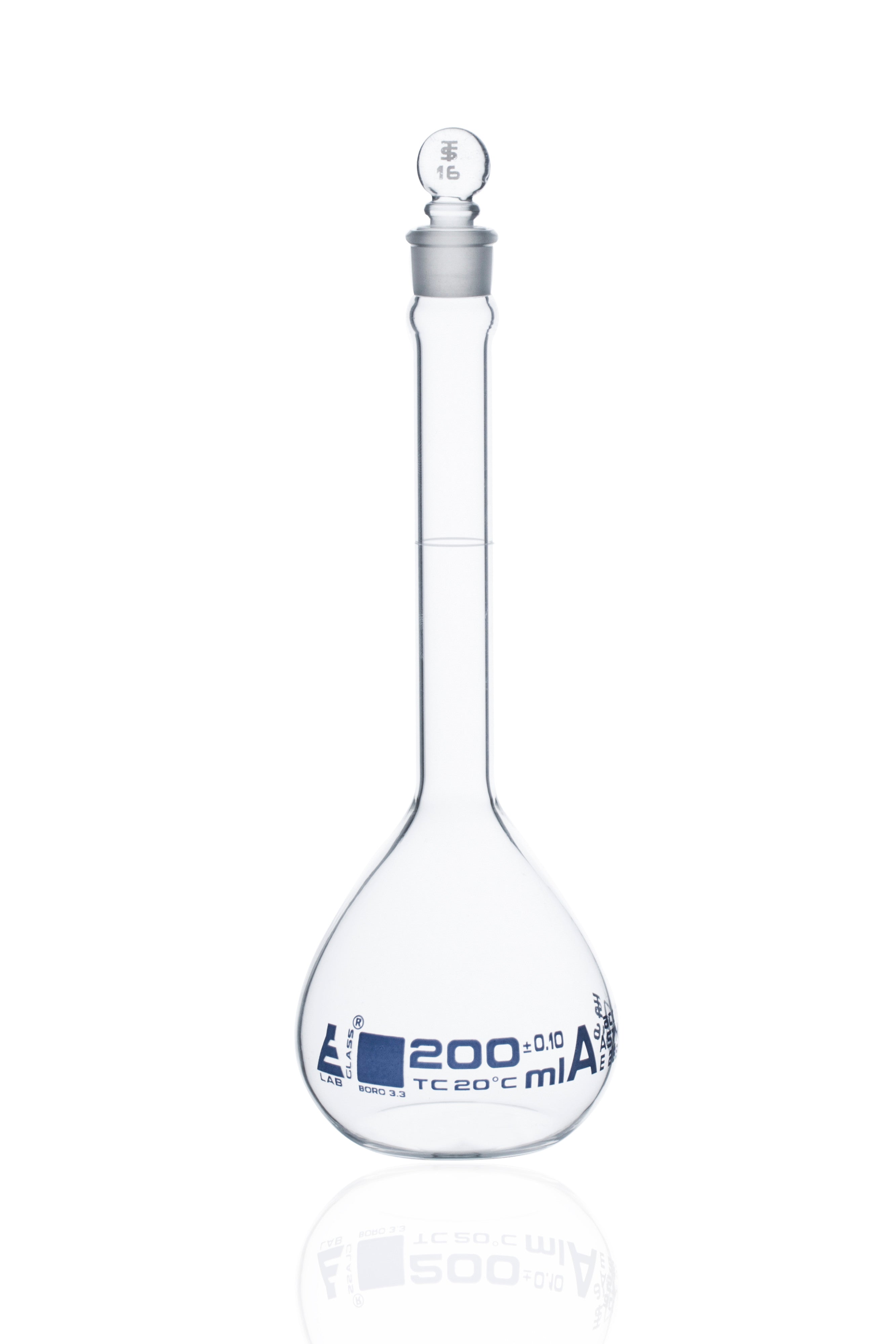 Borosilicate Glass ASTM Volumetric Flask with Glass Stopper, 200 ml, Class A, Autoclavable