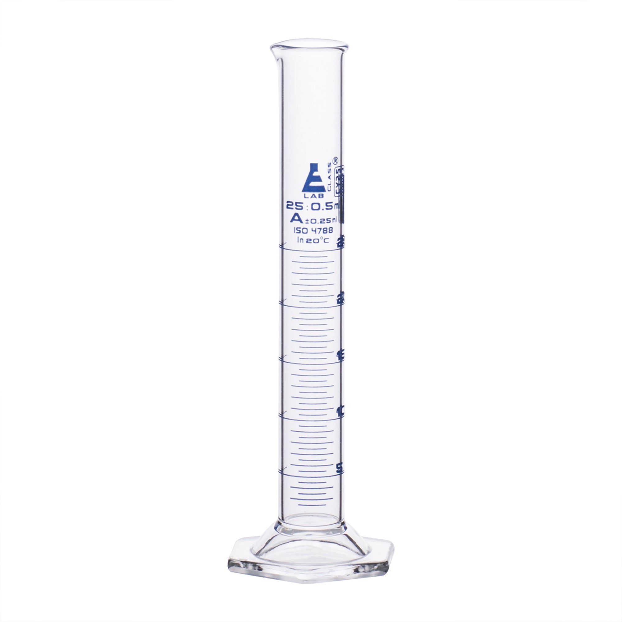 Borosilicate Glass Graduated Cylinder with Hexagonal Base, 25 ml, Class A with Individual Work Certificate