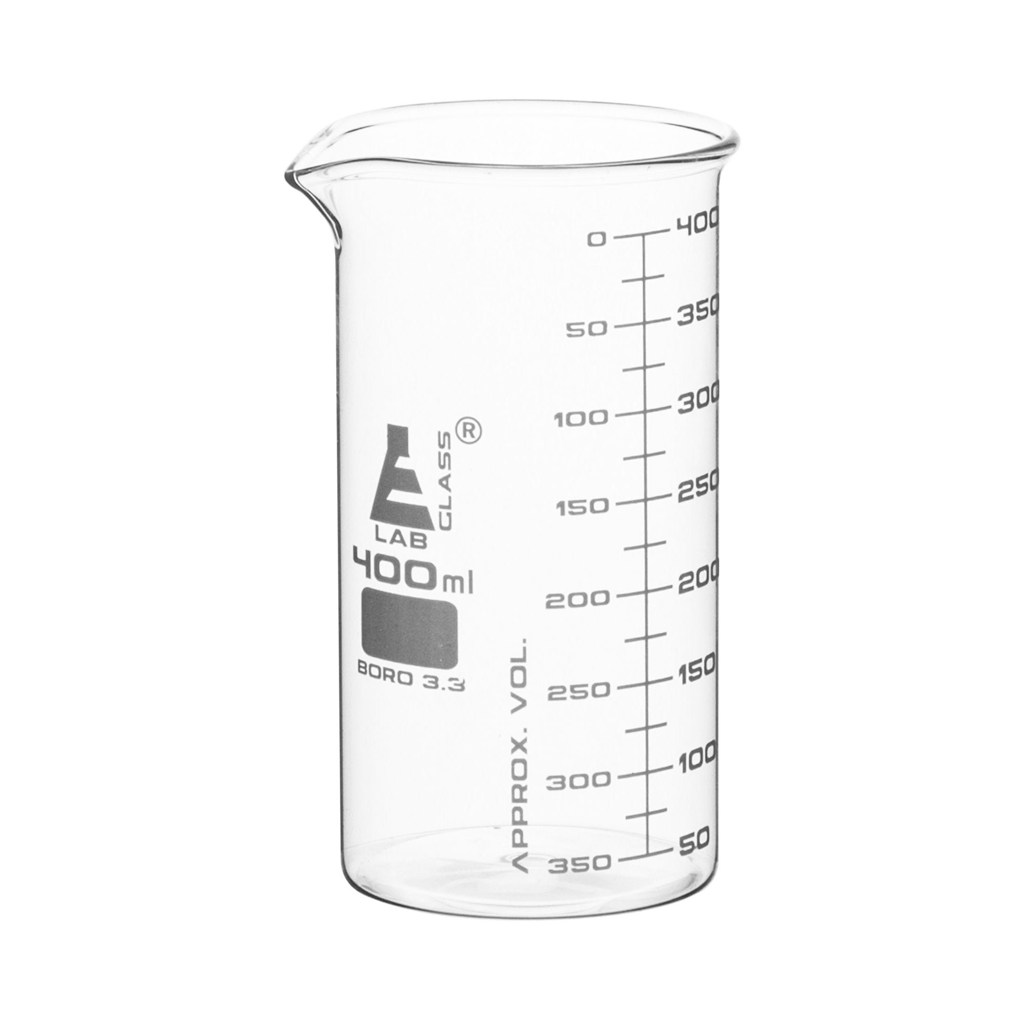 Borosilicate ASTM Tall Form Beaker, 400ml, 25ml Graduation, Autoclavable
