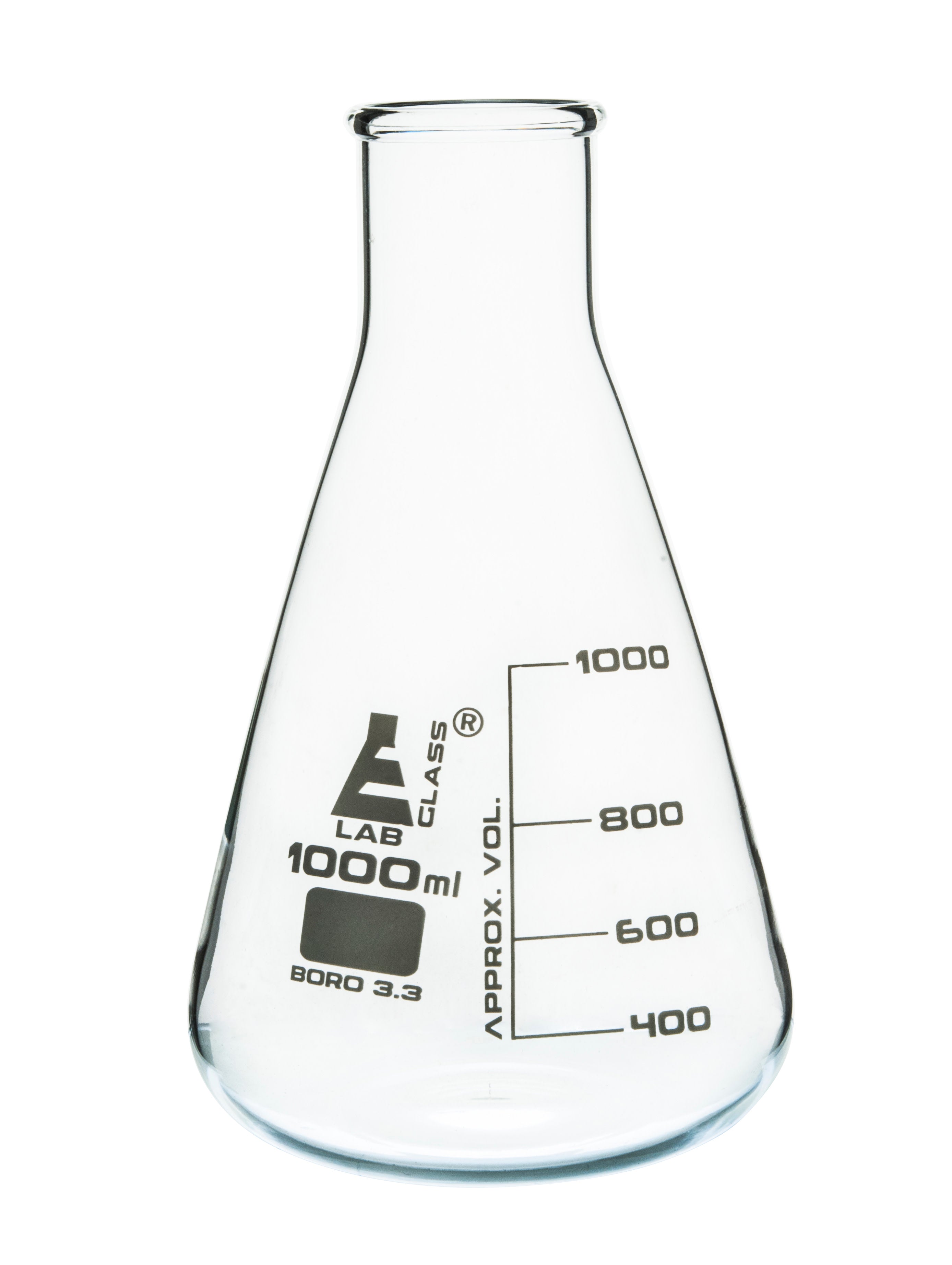 Borosilicate Glass Wide Neck Erlenmeyer Flask, 1000 ml, Pack of 6, Autoclavable