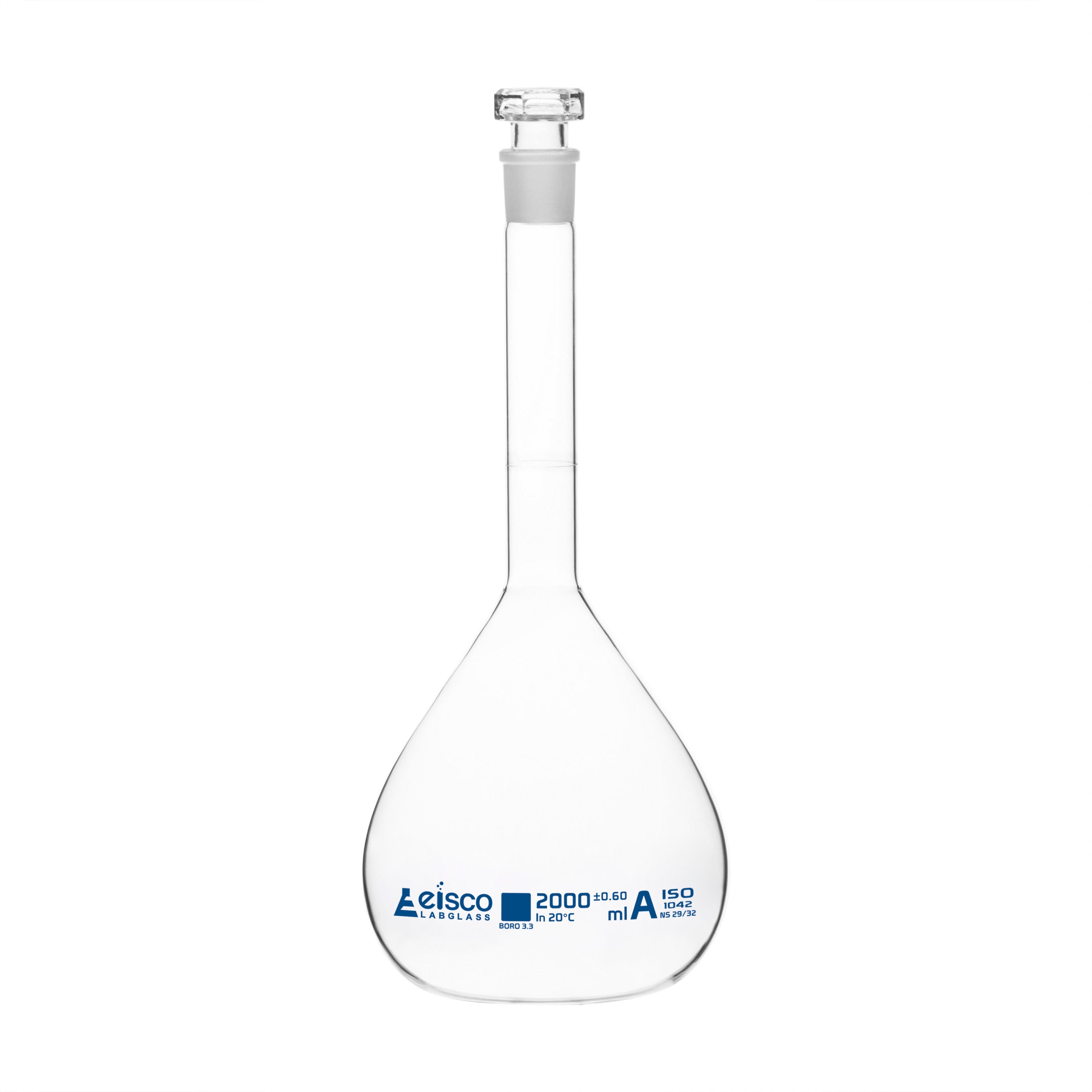 Borosilicate Volumetric Flask with Hollow Glass Stopper, 2000ml, Class A, Blue Print, Autoclavable