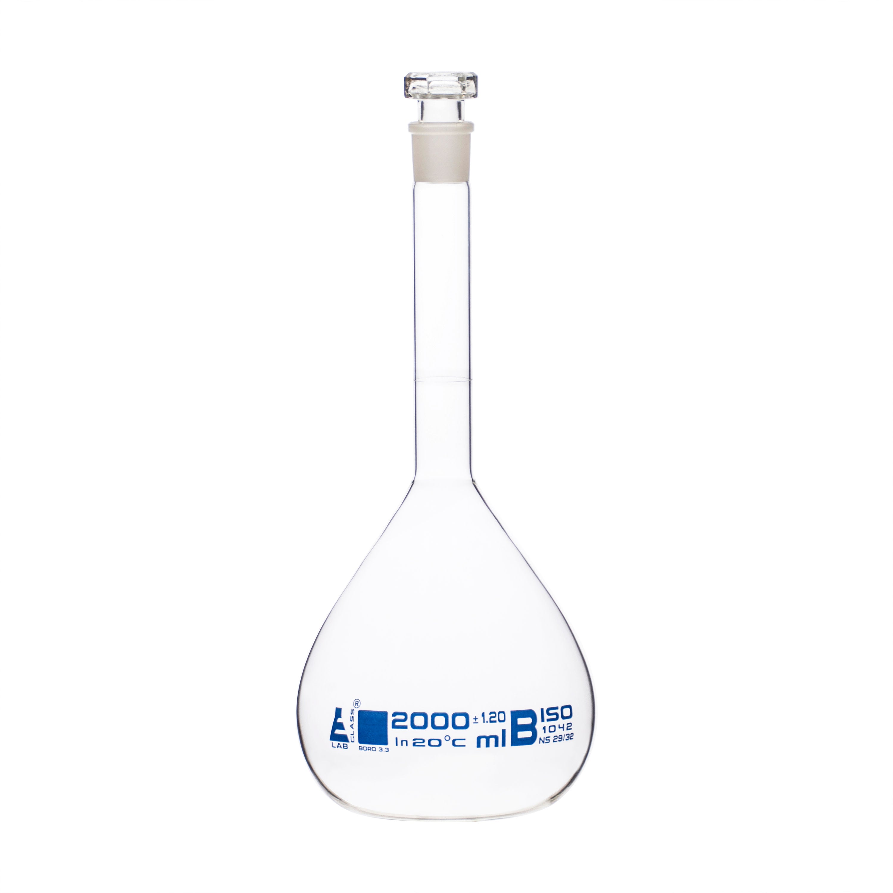 Borosilicate Volumetric Flask with Hollow Glass Stopper, 2000ml, Class B, Blue Print, Autoclavable