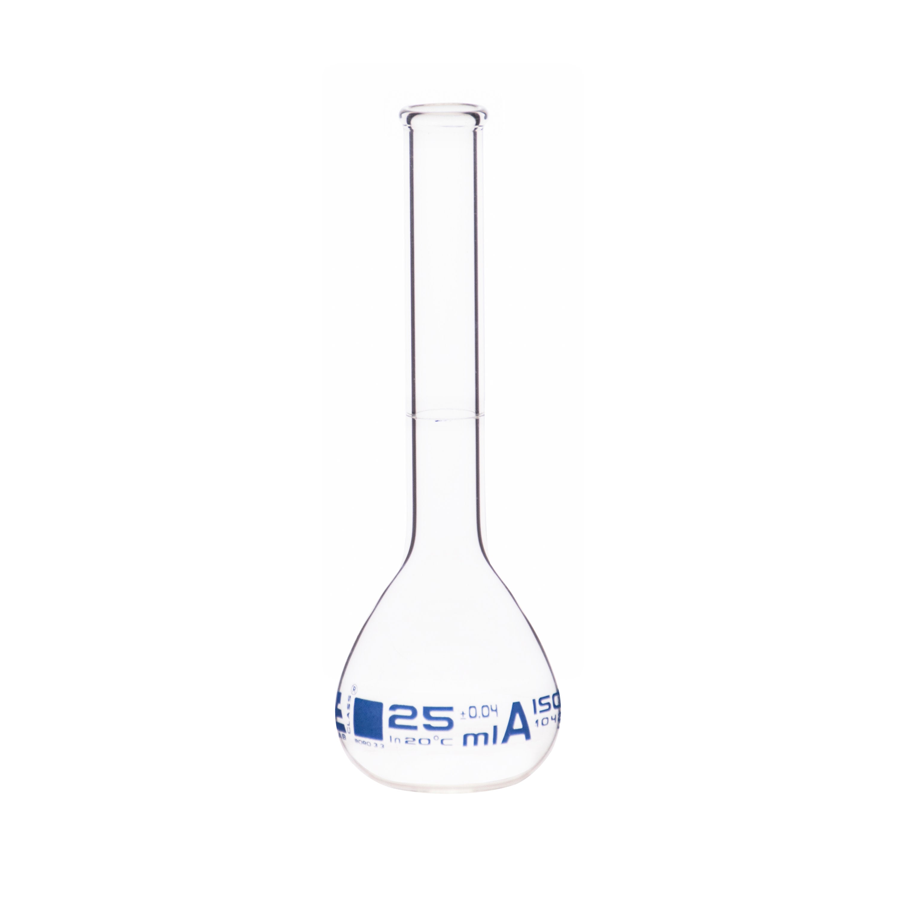 Borosilicate Glass Volumetric Flask with Beaded Rim, 25ml, Class A, Blue Print, Autoclavable