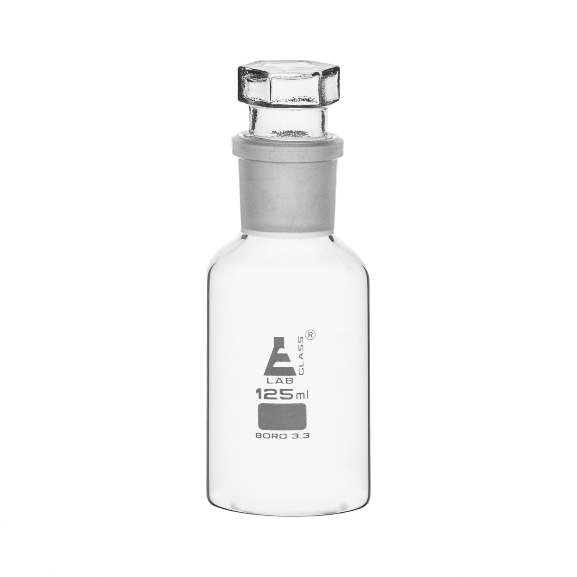 Clear Borosilicate Glass Reagent Bottle with Hollow Glass Stopper, 125 ml, Wide Mouth, Autoclavable