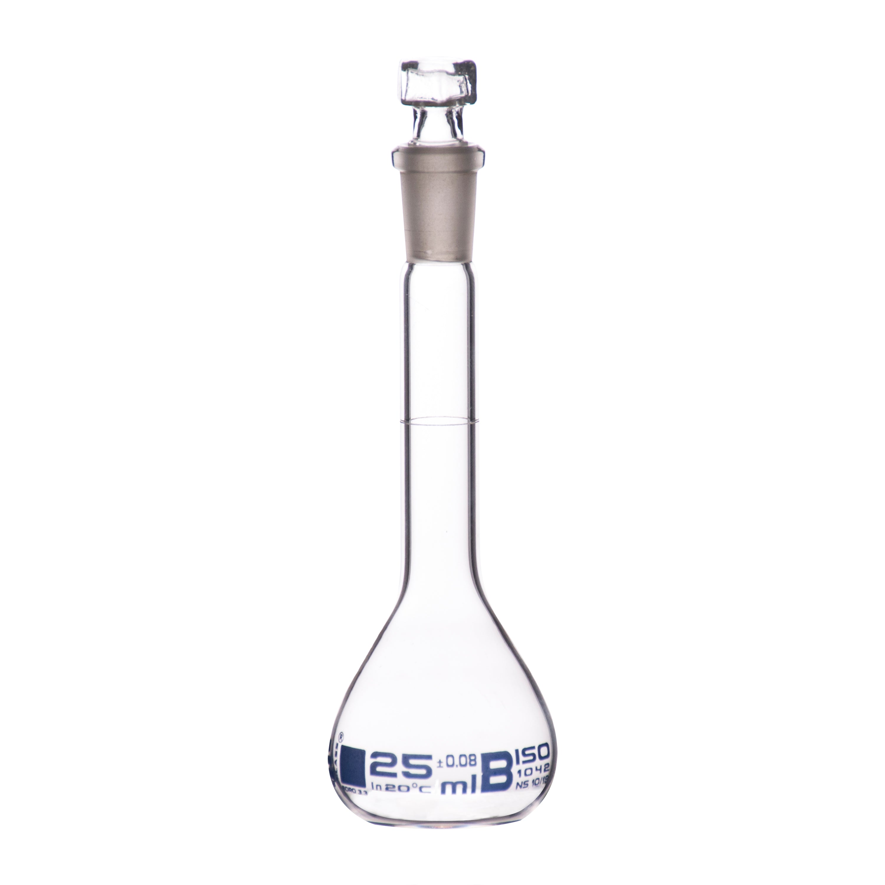 Borosilicate Volumetric Flask with Hollow Glass Stopper, 25ml, Class B, Blue Print, Autoclavable