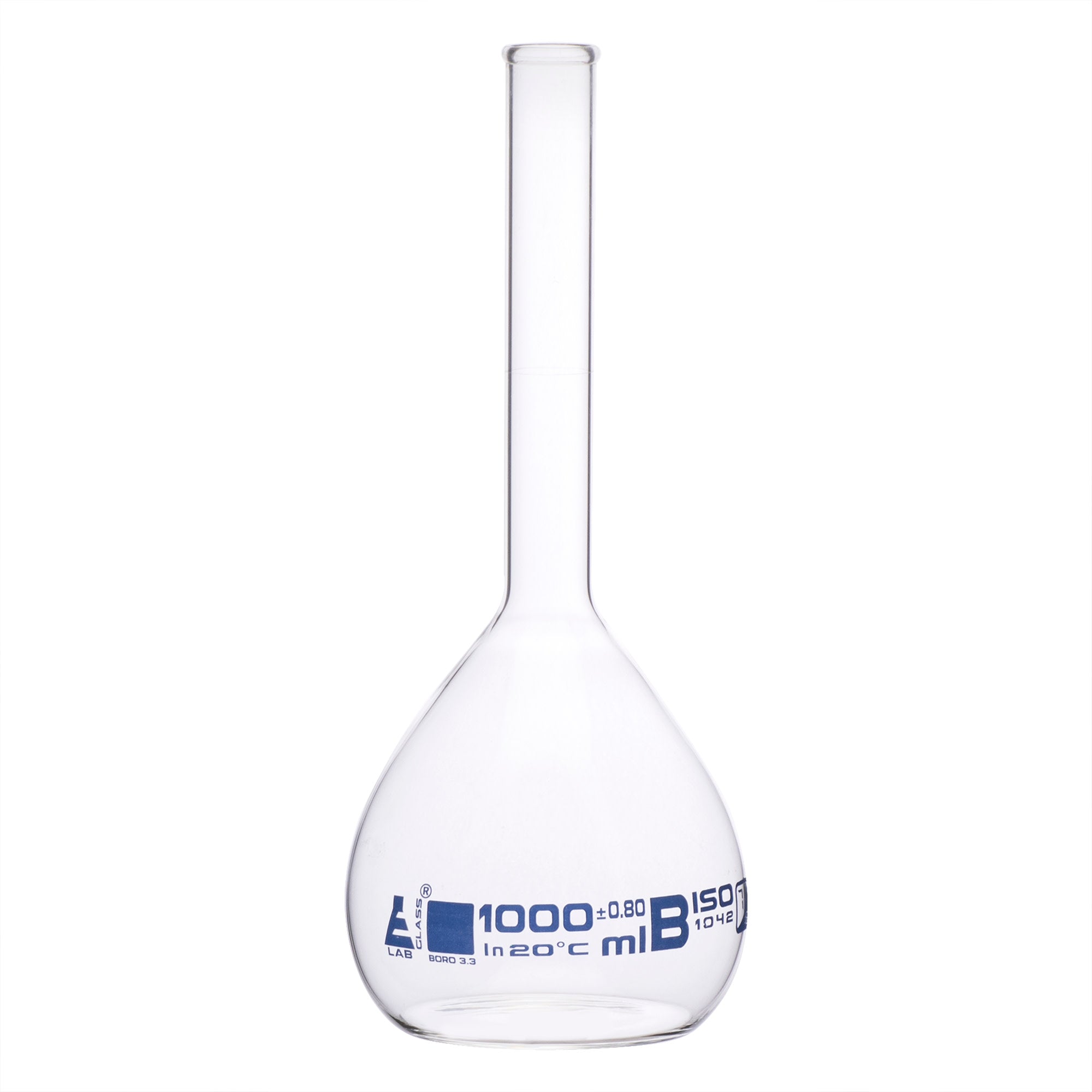 Borosilicate Glass Volumetric Flask with Beaded Rim, 1000ml, Class B, Blue Print, Autoclavable