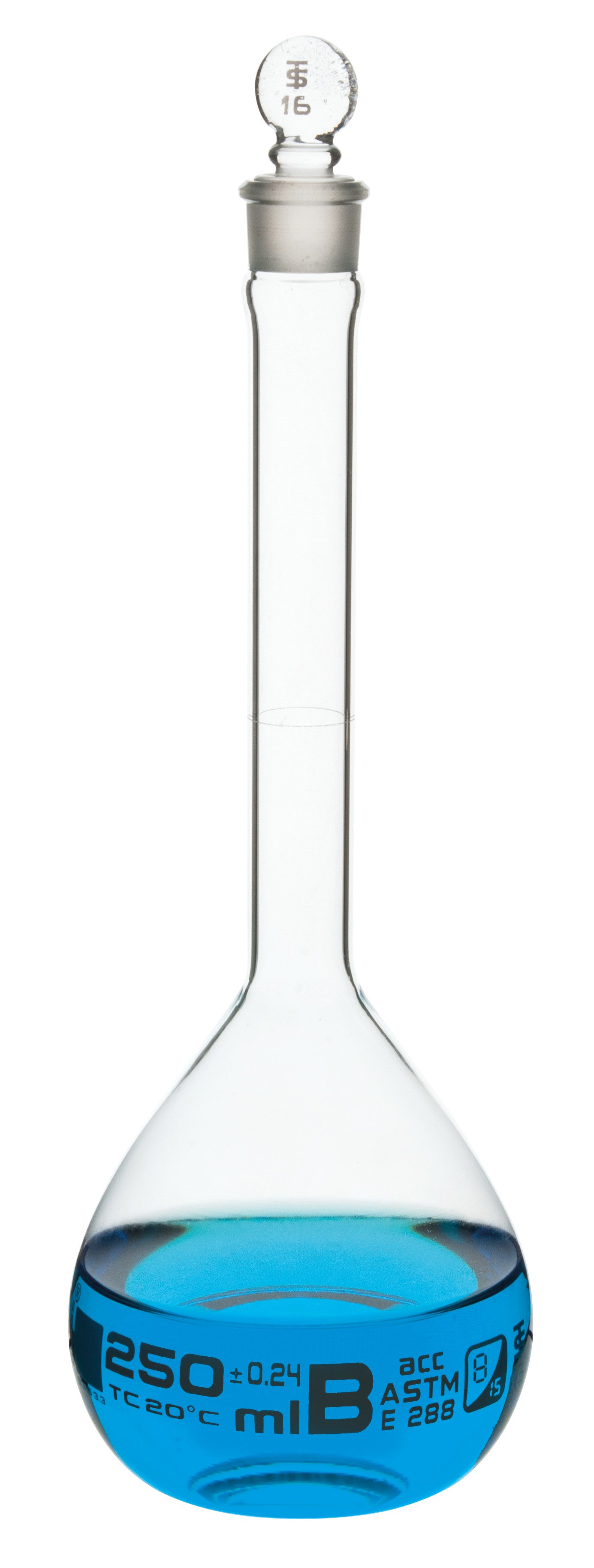 Borosilicate Glass ASTM Volumetric Flask with Glass Stopper, 250 ml, Class B, Autoclavable