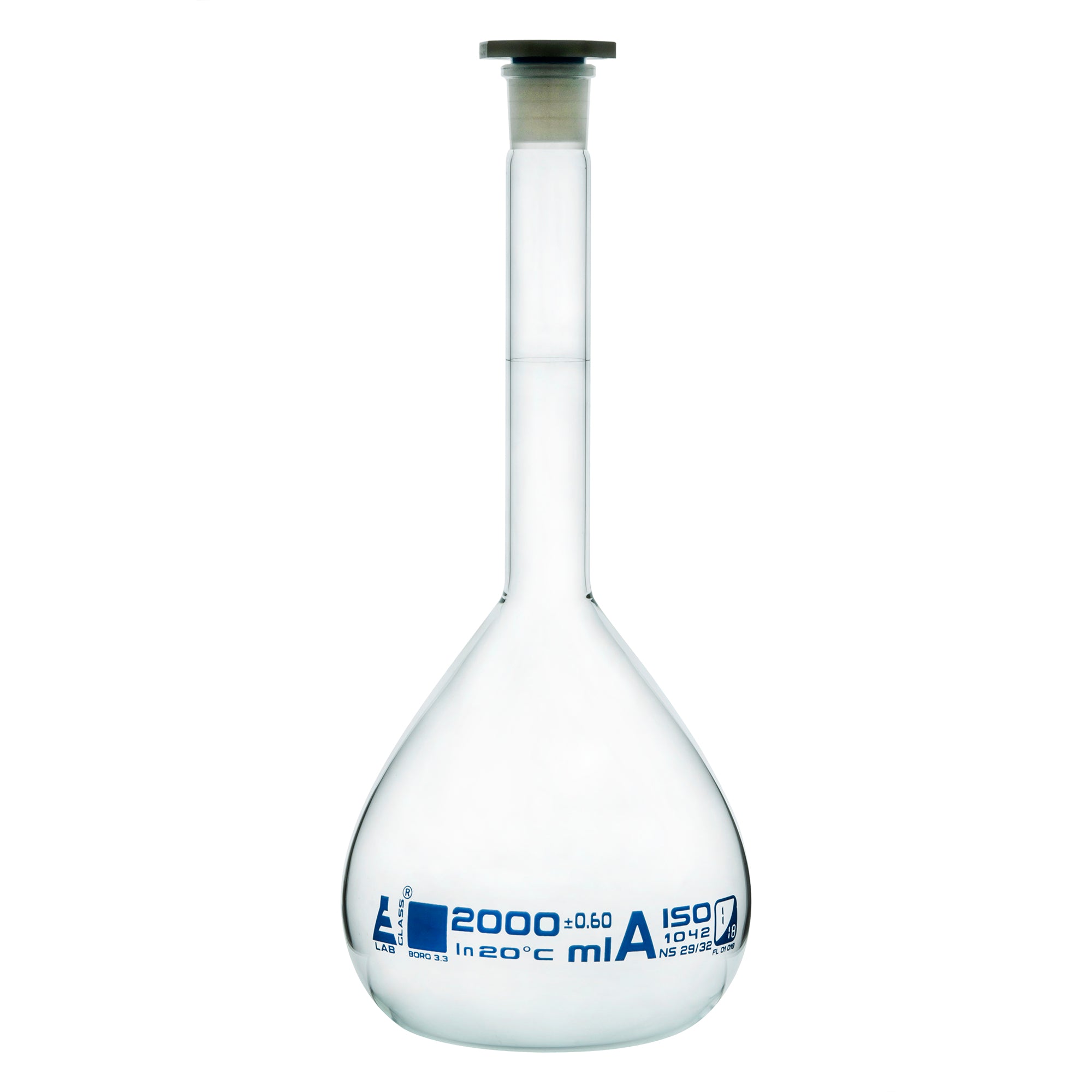 Borosilicate Volumetric Flask with Polypropylene Stopper, 2000 ml, Class A with Individual Work Certificate,  Autoclavable