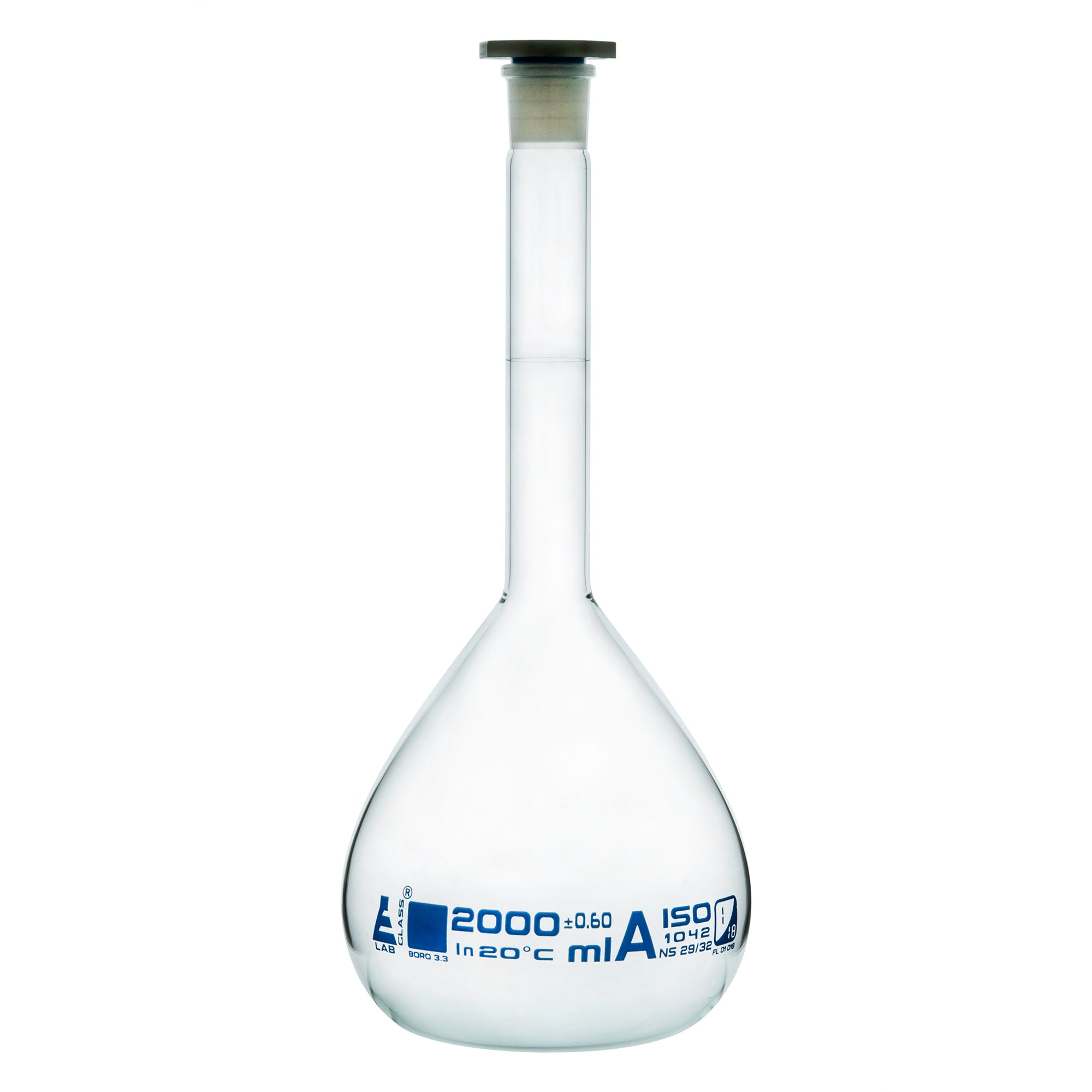Borosilicate Glass Volumetric Flask with Polyethylene Stopper, 2000ml, Class A, Blue Print, Autoclavable