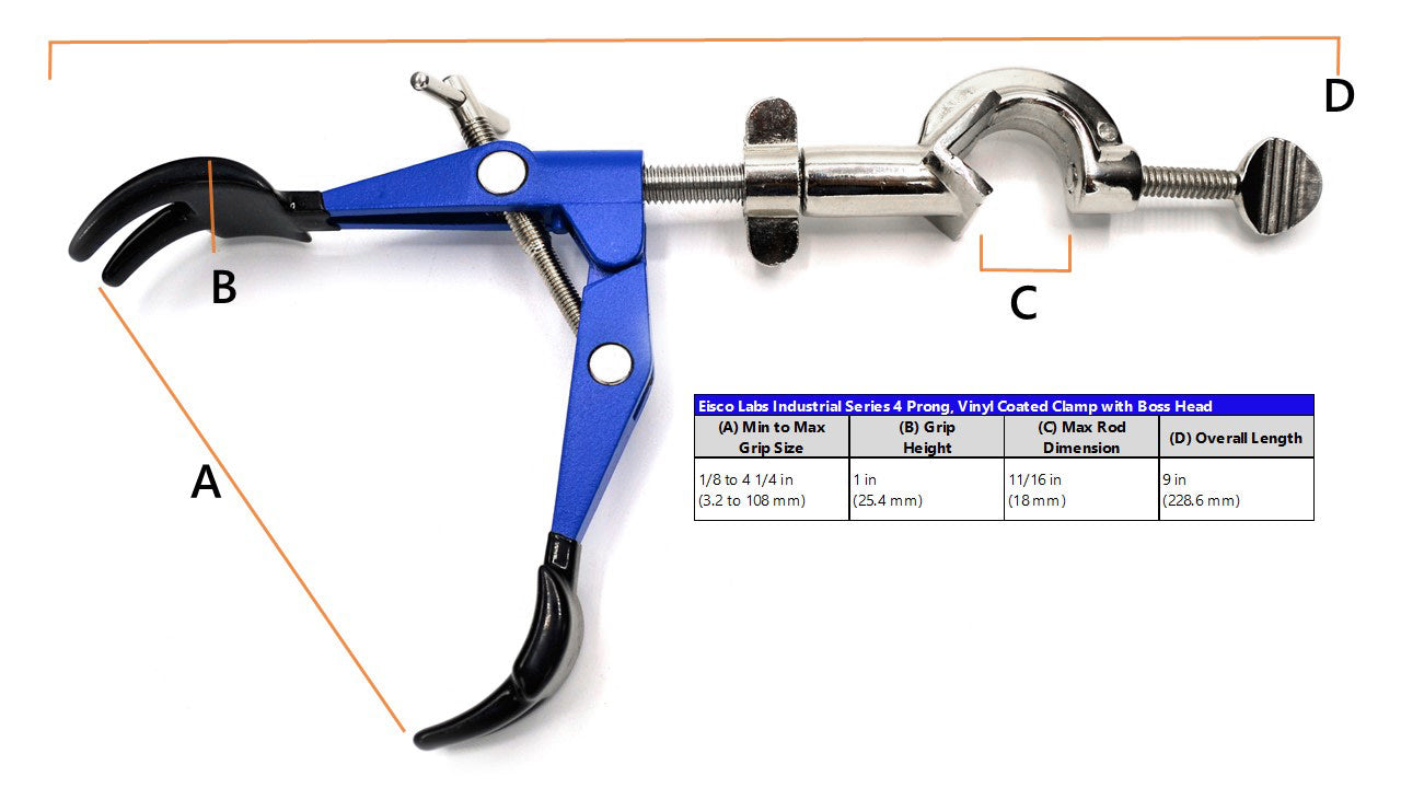4 Finger Pronged, Vinyl Coated, Lab Clamp with Boss Head, 4.1" (10.5 cm) maximum clamp opening