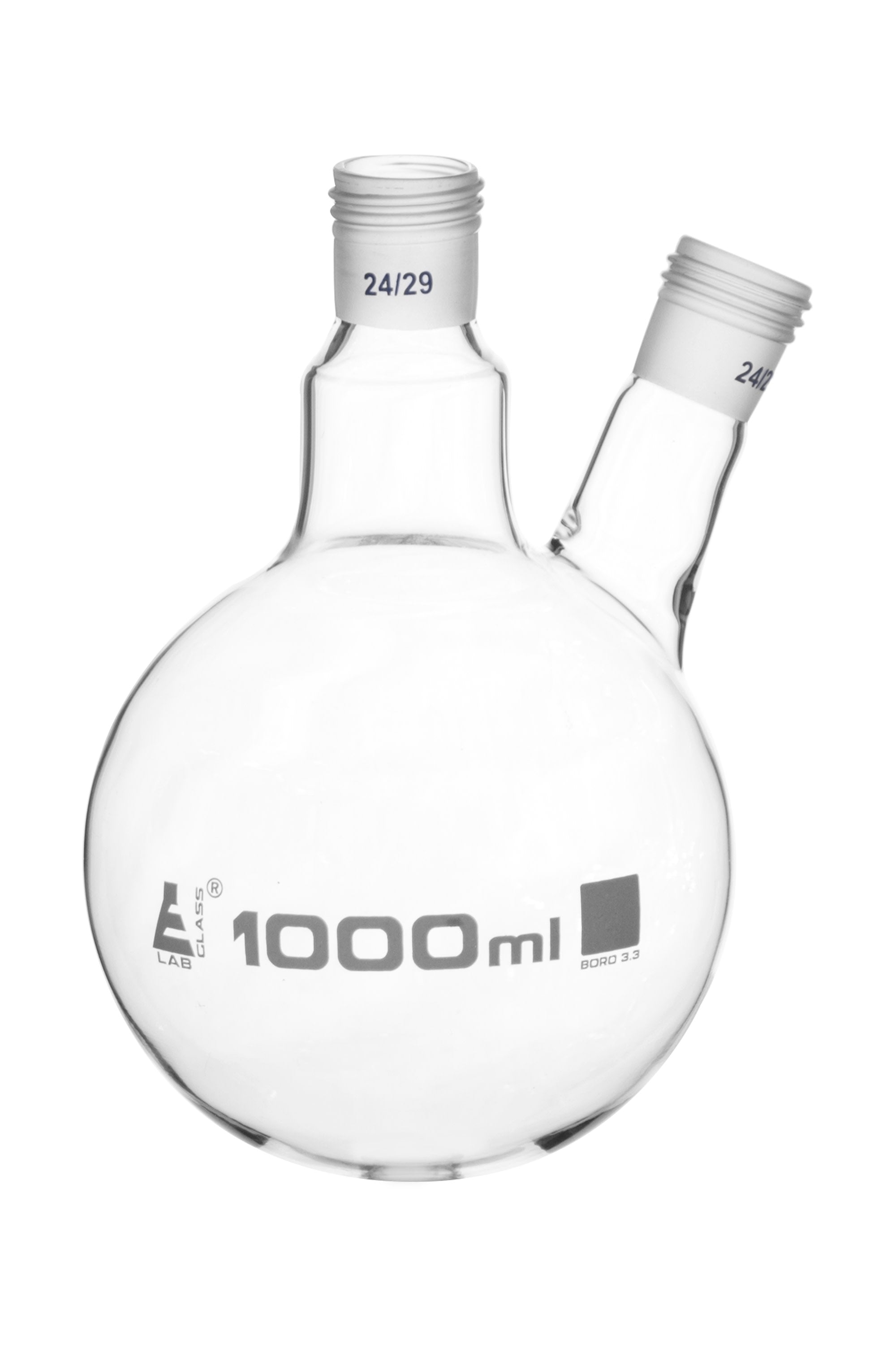 Borosilicate Glass 2 Neck Distillation Flask, 24/29 Screw Thread Joint, 1000 ml, Autoclavable