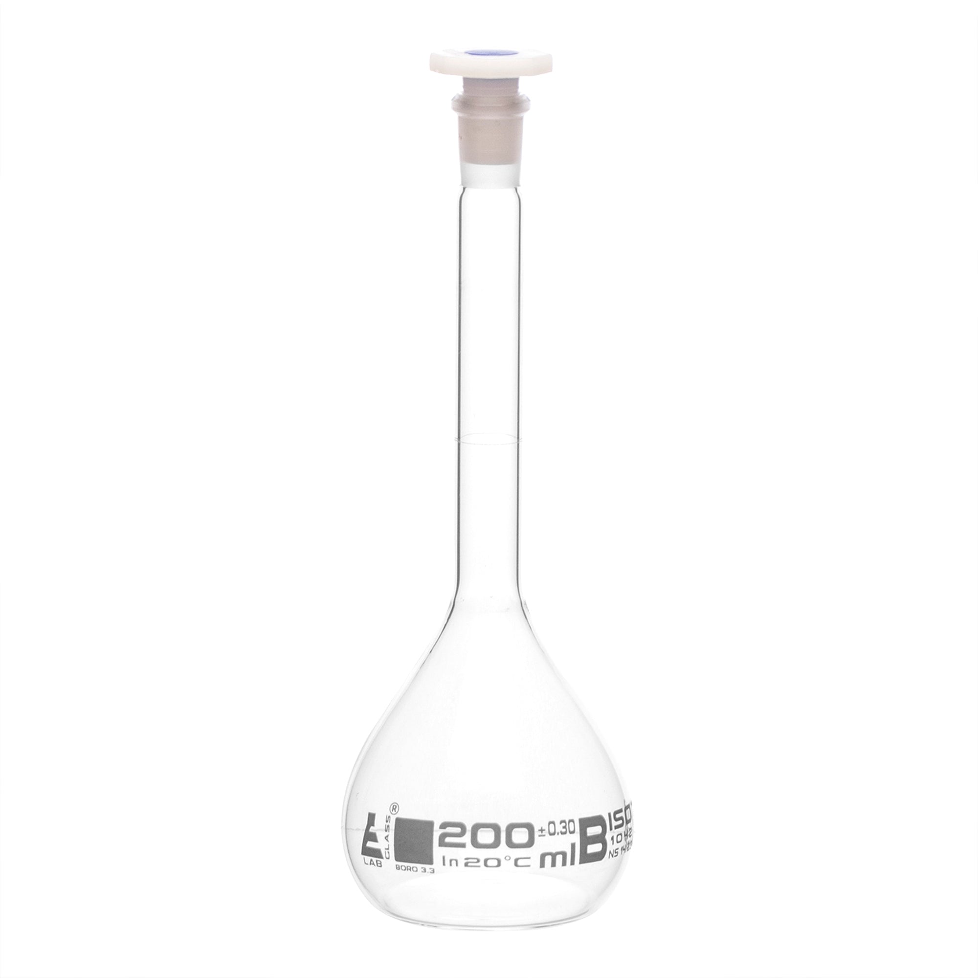 Borosilicate Glass Volumetric Flask with Polyethylene Stopper, 200ml, Class B, White Print, Autoclavable
