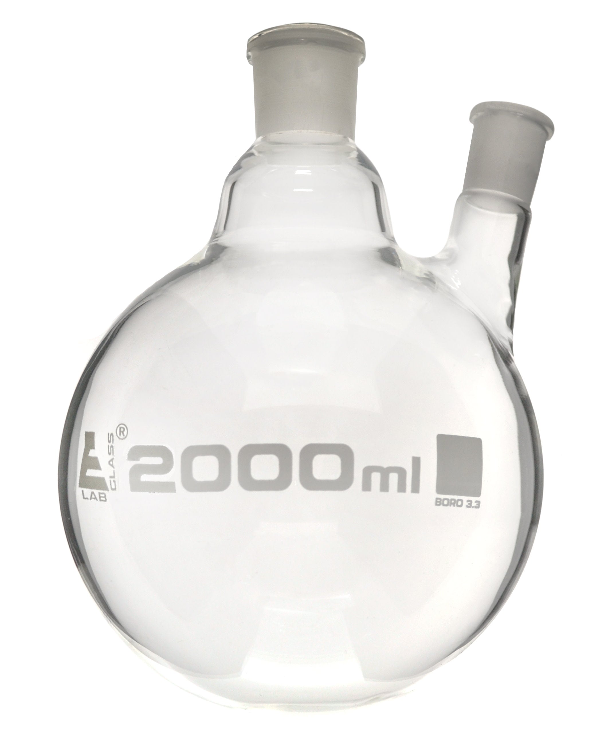 Borosilicate Glass 2 Neck Distillation Flask, 2000ml, 34/45 Oblique Neck, 19/26 Side Joint, Autoclavable