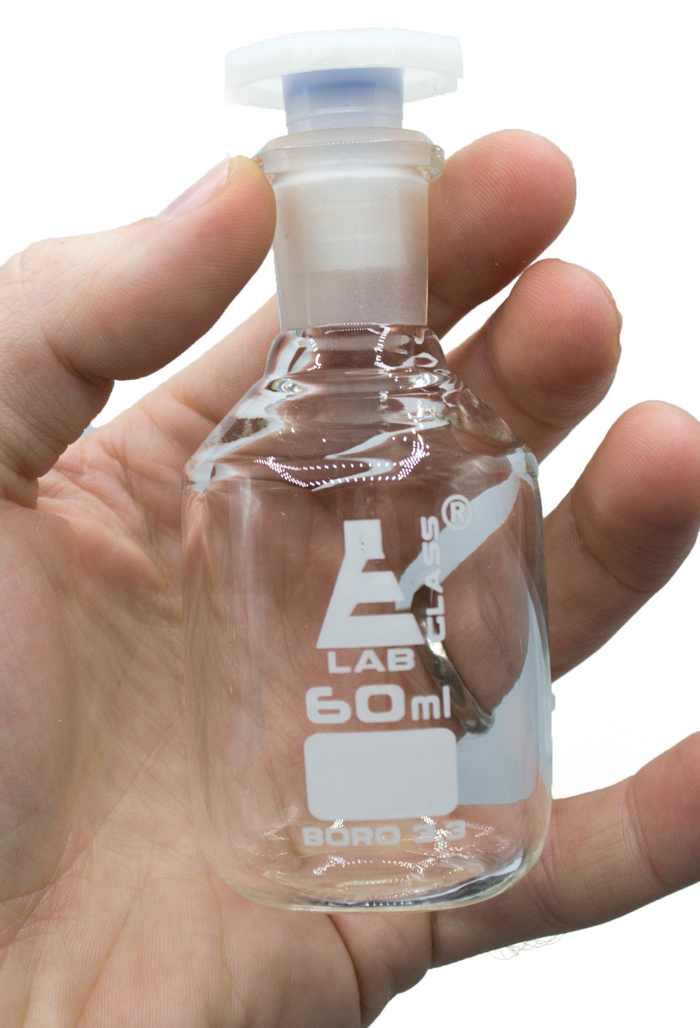 Clear Borosilicate Glass Reagent Bottle with Polyethylene Stopper, 60 ml, Narrow Mouth, Autoclavable