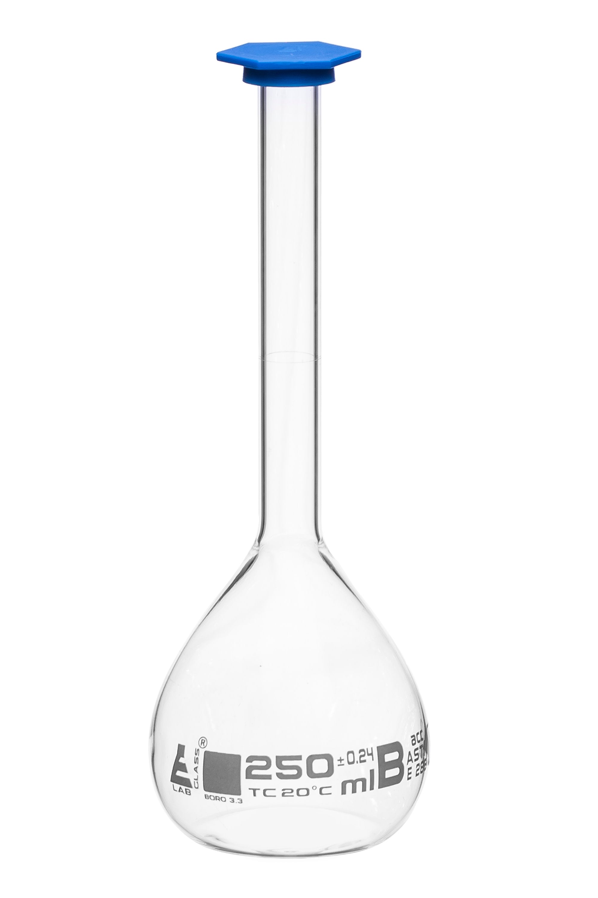Borosilicate Volumetric Flask with Polyethylene Snap Cap, 250 ml, Class B, White Print, ASTM, Autoclavable