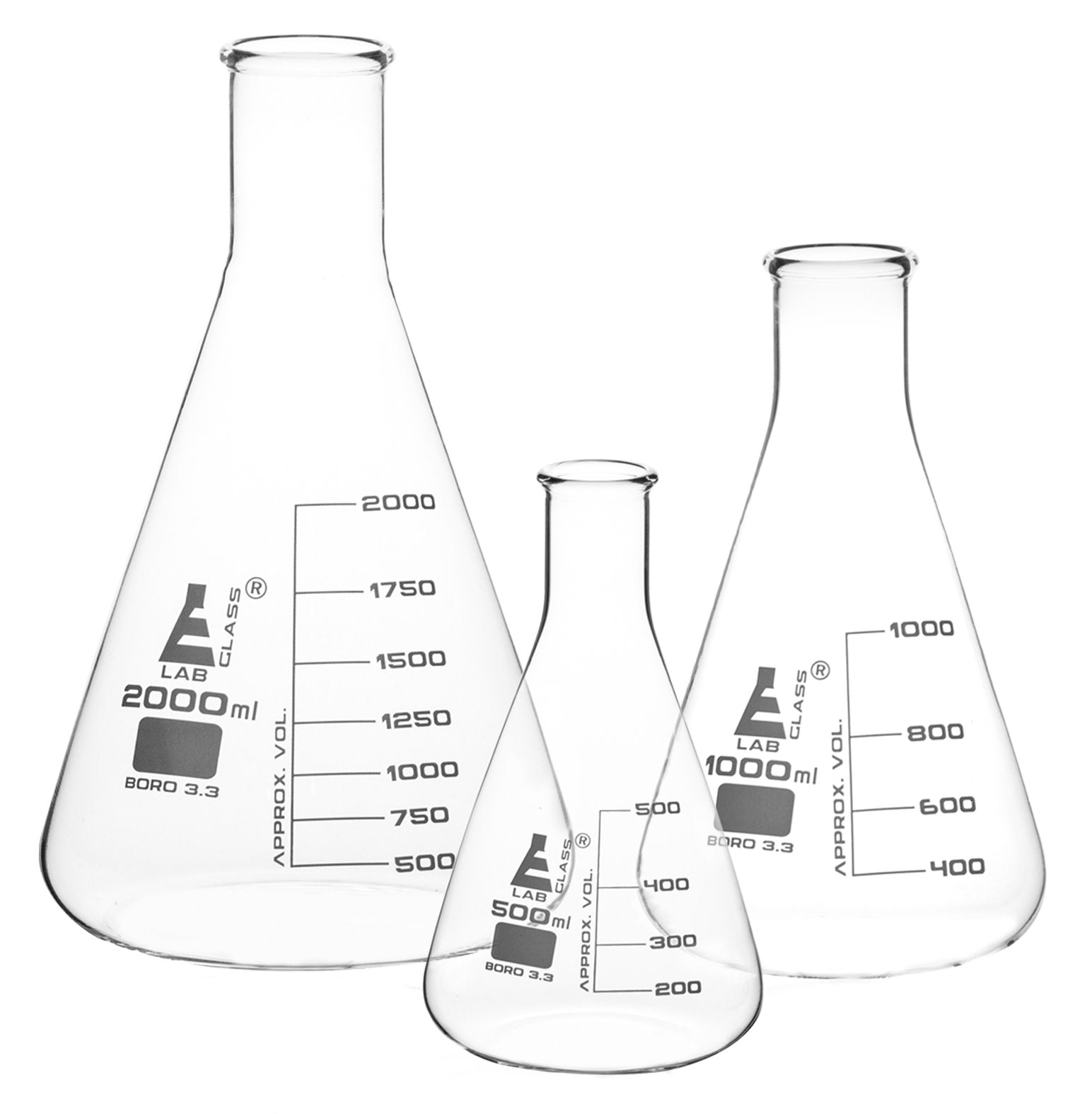 Borosilicate Glass Erlenmeyer Flask Set, (500 ml, 1000 ml, 2000 ml), Graduated, Autoclavable